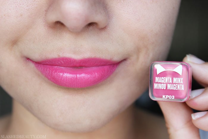 See swatches of the new lipsticks from the Katy Kat Matte Collection, Katy Perry's collaboration with CoverGirl. This shade is Magenta Mix. | Slashed Beauty