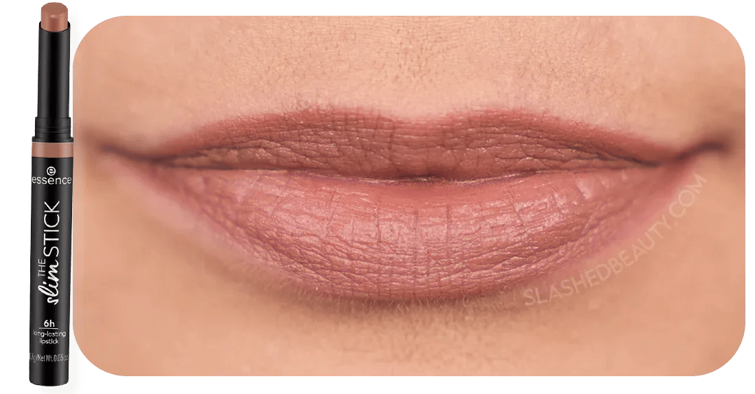 Close up lip swatch of essence The Slim Stick in Choc-O-Holic | 8 Perfect Shades of Drugstore Lipsticks for Fall | Slashed Beauty