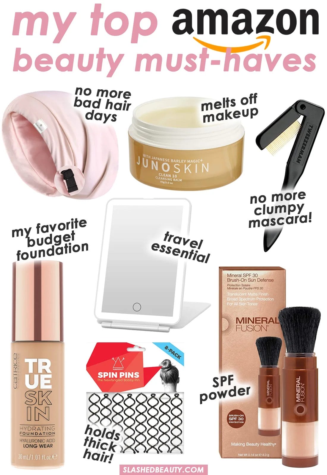 AMAZON-beauty-must-havess-2023 | Slashed Beauty Collage of beauty products found on Amazon with text: My Top Amazon Beauty Must Haves | Slashed Beauty