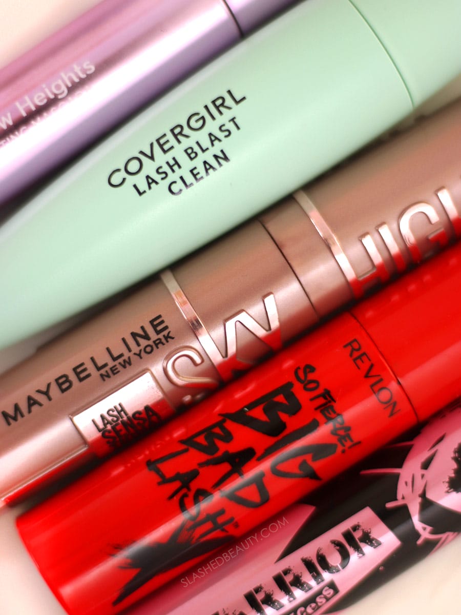 Drugstore mascaras laying side by side | The 5 Best Drugstore Mascaras for Short Lashes in 2021 | Slashed Beauty