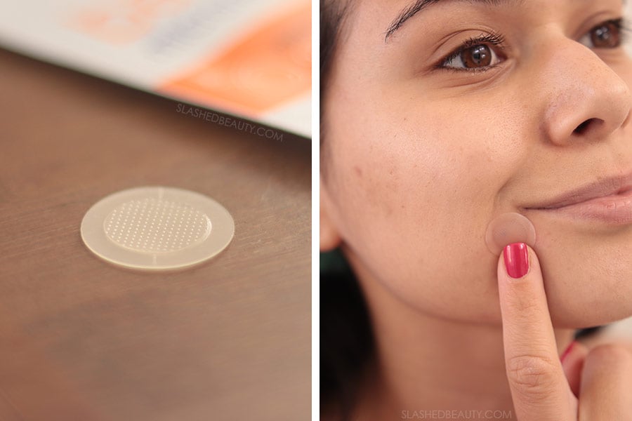 Miss Spa Banish Microneedle Spot Treatment Patch | What is Microneedling: The Skin Benefits of Microneedling at Home | Slashed Beauty Close up of microneedle acne patch along side a photo of Miranda applying the patch to an acne spot | What is Microneedling: The Skin Benefits of Microneedling at Home | Slashed Beauty