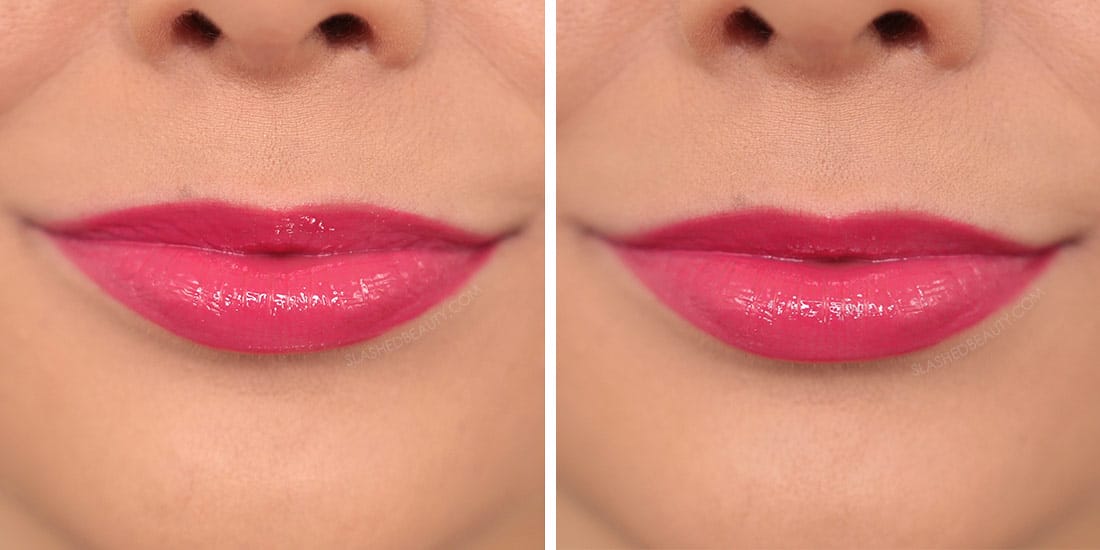 milani-maxxx-plumping-lacquer-before-after | Slashed Beauty Before and After applying Milni Keep It Full MAXXX Plumping Lip Lacquer showing the lips more round in the after | 6 Best Non-Sticky Drugstore Lipglosses | Slashed Beauty