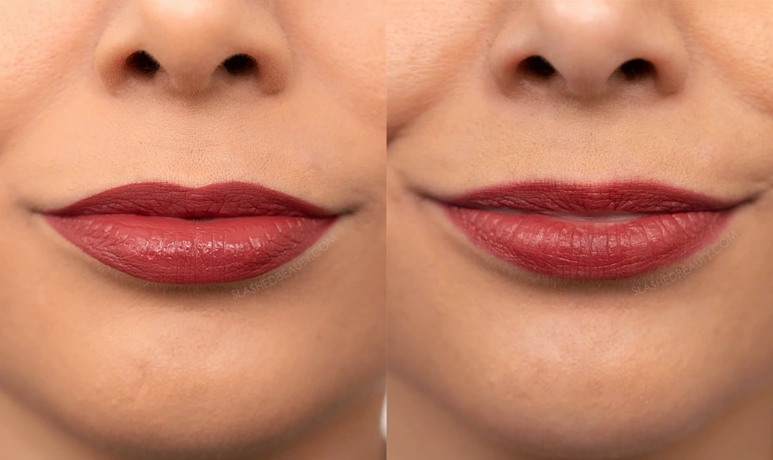 maybelline-superstay-vinyl-ink-before-after | Slashed Beauty Lip swatches of Maybelline Superstay Vinyl Ink Liquid Lipstick in Lippy freshly applied vs. 12 hours later | Slashed Beauty