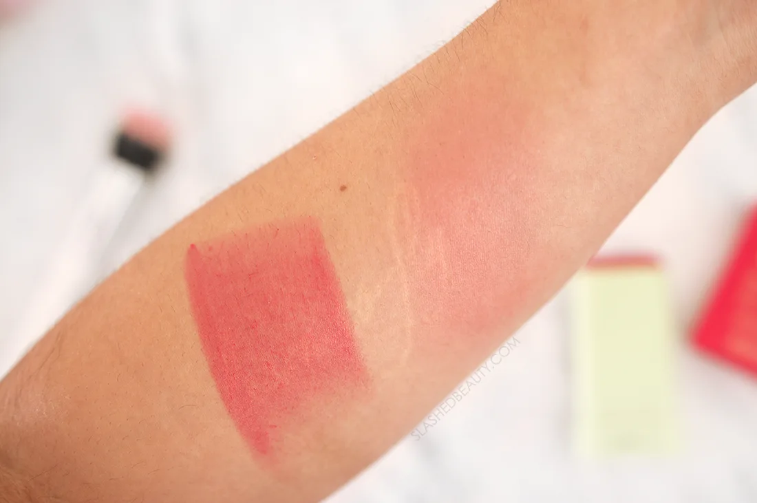pixi-glow-stick-ruby-swatch | Slashed Beauty Pixi On-the-Glow Blush Stick Ruby Swatch from the tube vs. applied with brush | Pixi On-the-Glow Blush Stick Review | Slashed Beauty