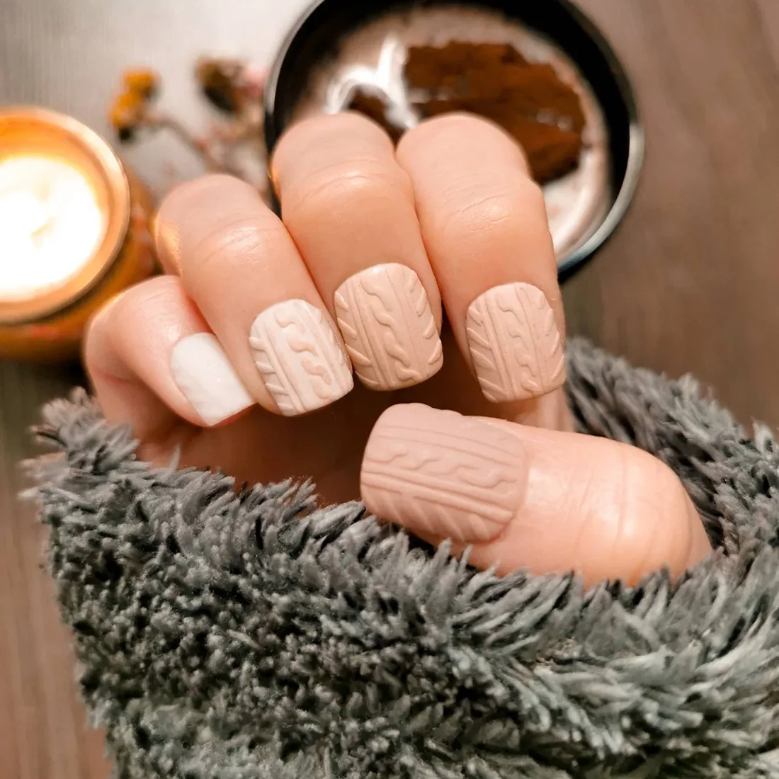 sweater-design-nails-press-on | Slashed Beauty Beige sweater nails with a matte raised design | Trendy Fall Nail Designs You Can Buy as Press-Ons on Etsy | Slashed Beauty