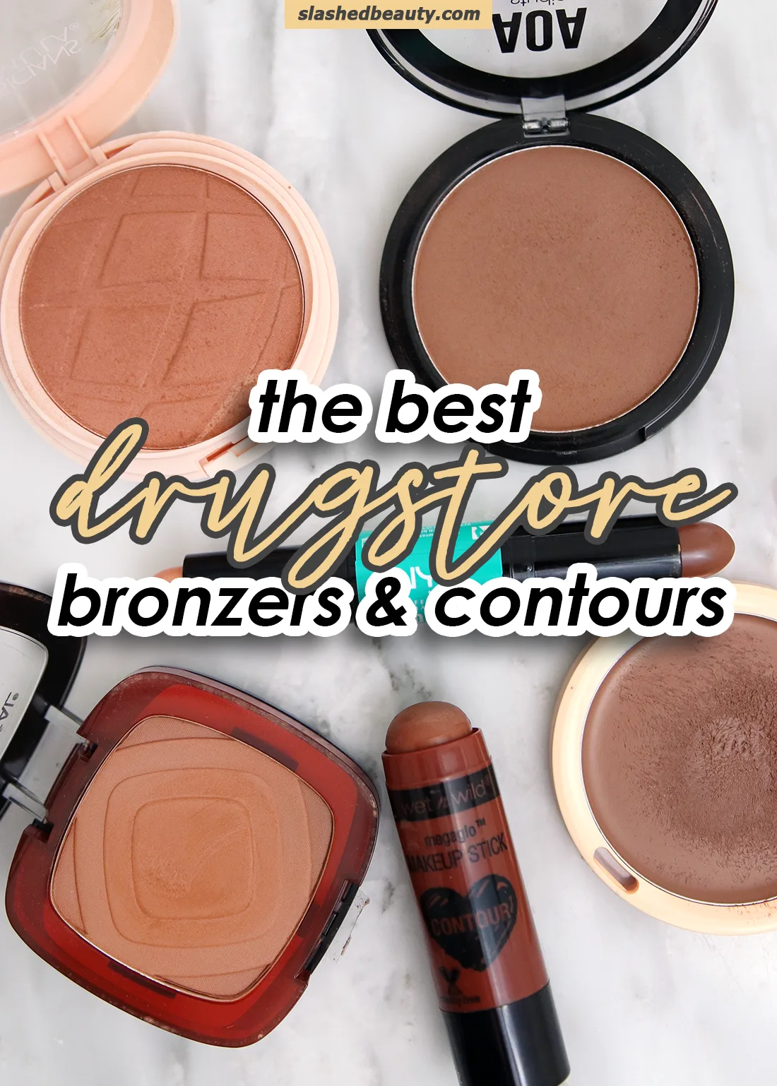 the-best-drugstore-bronzers-contours-2022 | Slashed Beauty Collection of drugstore bronzers and contours lying open on a marble surface with text superimposed: The Best Drugstore Bronzers & Contours | Slashed Beauty