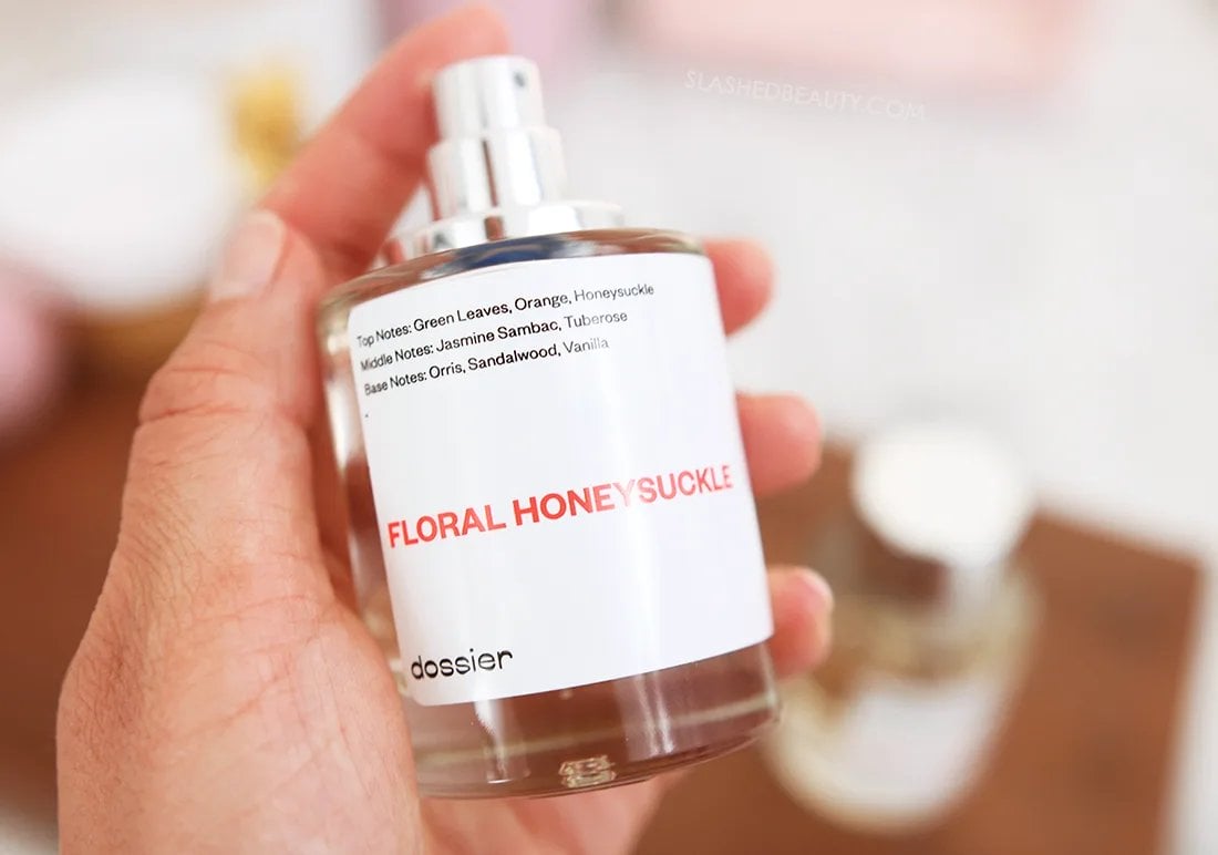 dossier-floral-honeysuckle-gucci-bloom | Slashed Beauty Holding a bottle of Dossier Floral Honeysuckle perfume | Dossier Perfume Review: Gucci Bloom Dupe | Slashed Beauty