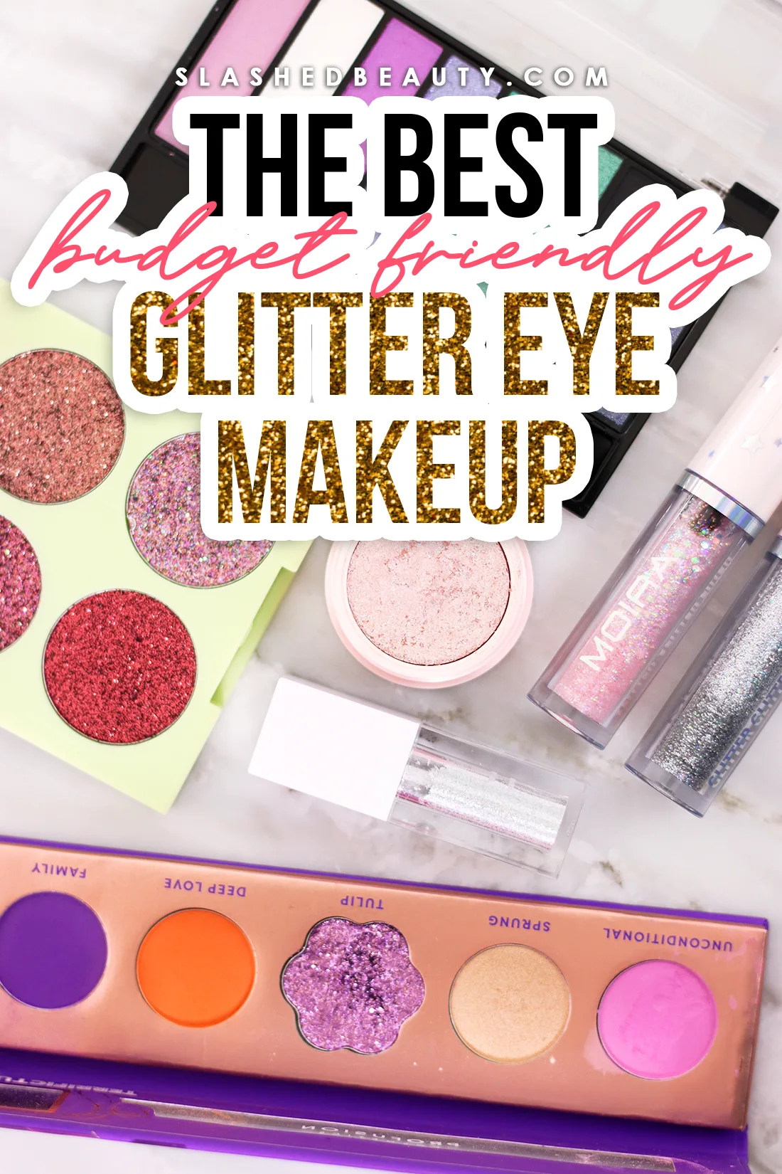 BEST-glitter-eye-makeup-drugstore | Slashed Beauty Various glitter makeup lying on a marble surface with text: The Best Budget Friendly Glitter Eye Makeup | Slashed Beauty