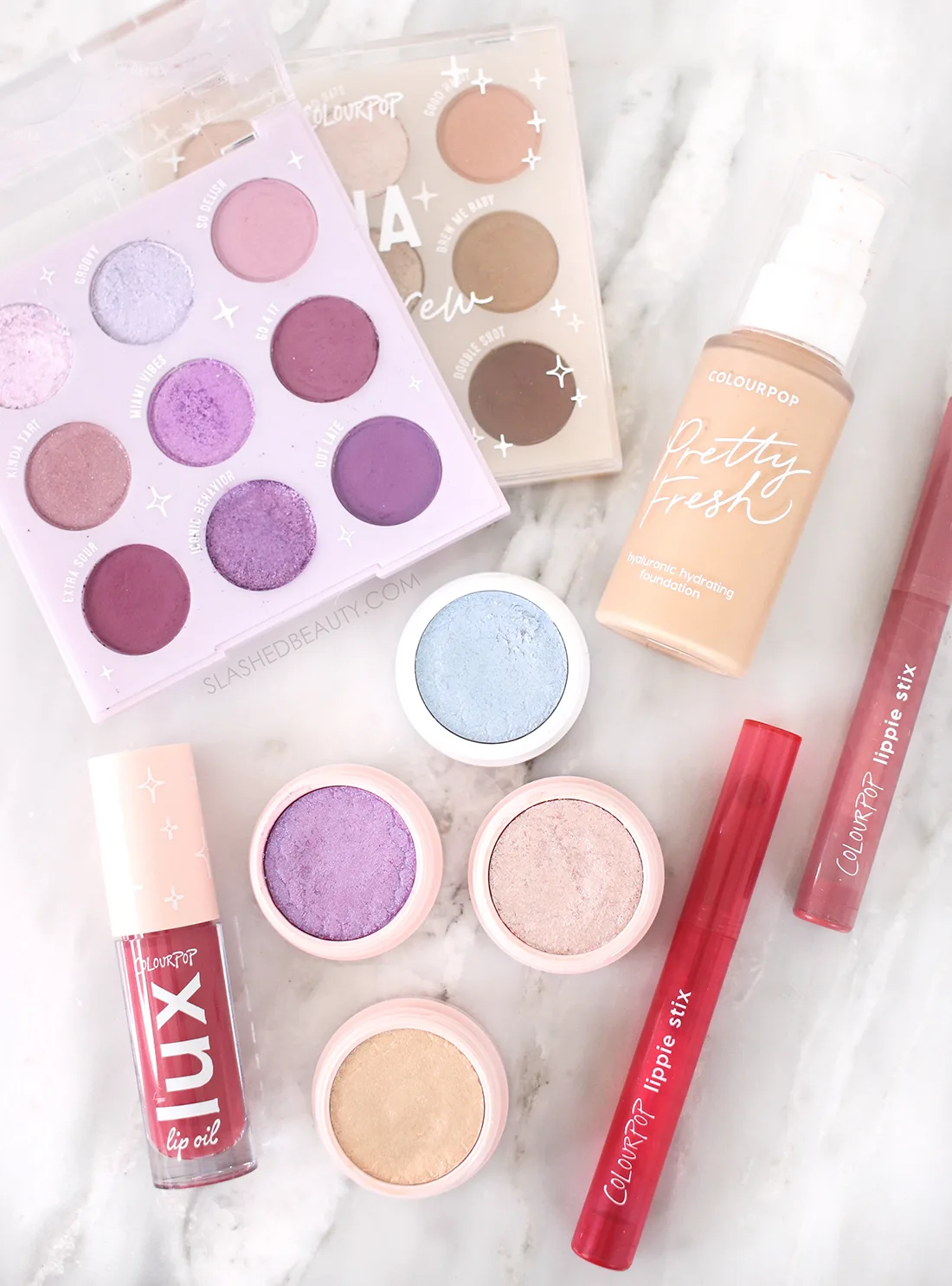 best-of-colourpop-makeup-target | Slashed Beauty ColourPop makeup lying on a marble surface | The Best ColourPop Makeup at Target | Slashed Beauty