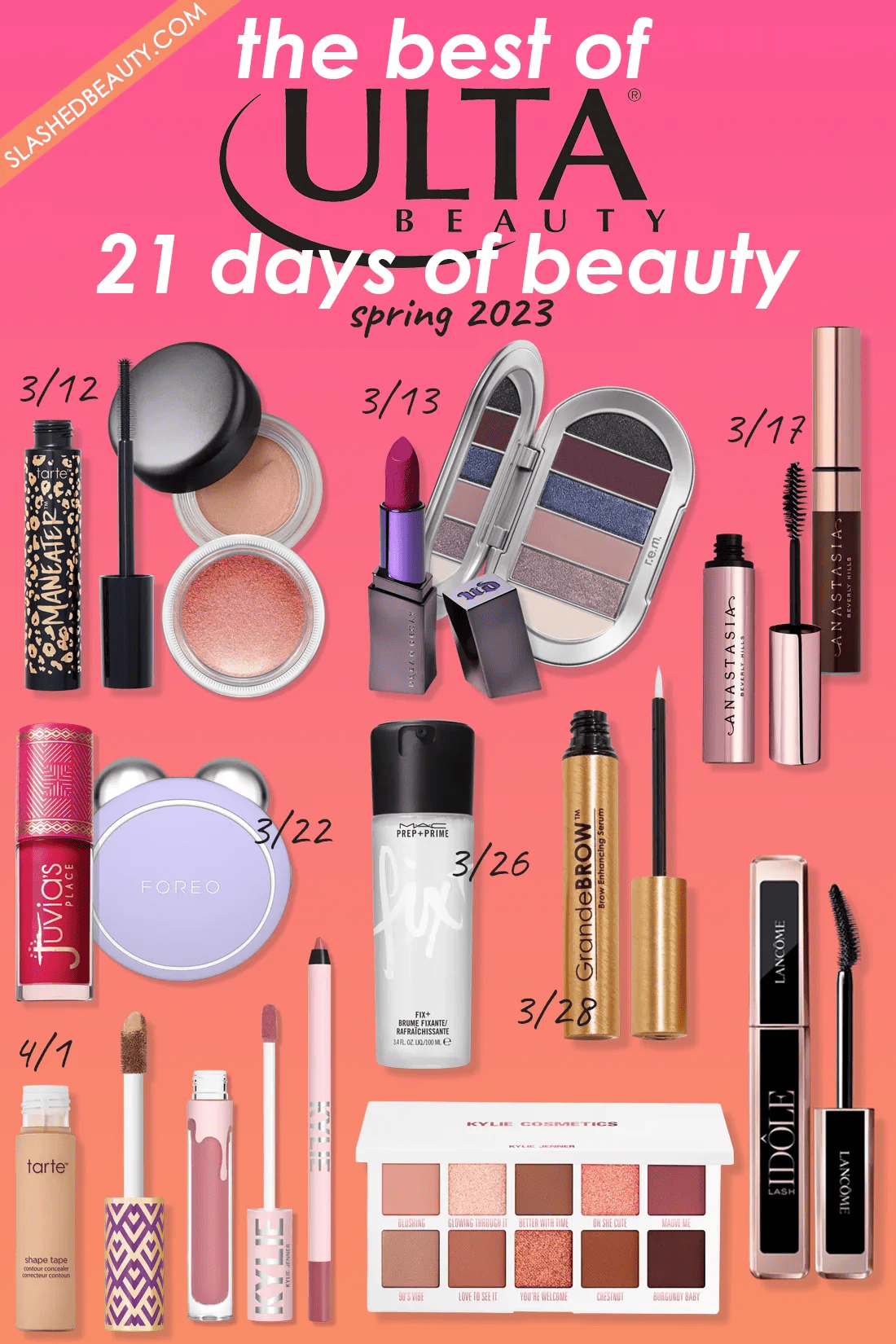 ulta-21-days-of-beauty-march-2023 | Slashed Beauty Collage of makeup on sale during the Ulta Beauty 21 Days of Beauty Spring 2023 sale | The Best of Ulta Beauty 21 Days of Beauty Spring 2023 Sale | Slashed Beauty