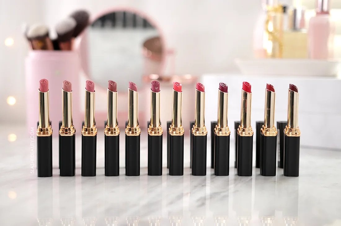 loreal-colour-riche-intense-volume-matte-lipstick | Slashed Beauty L'Oreal Colour Riche Intense Volume Matte Lipsticks standing in a row on a vanity. | L'Oreal Colour Riche Matte Lipsticks Review & Swatches | Slashed Beauty
