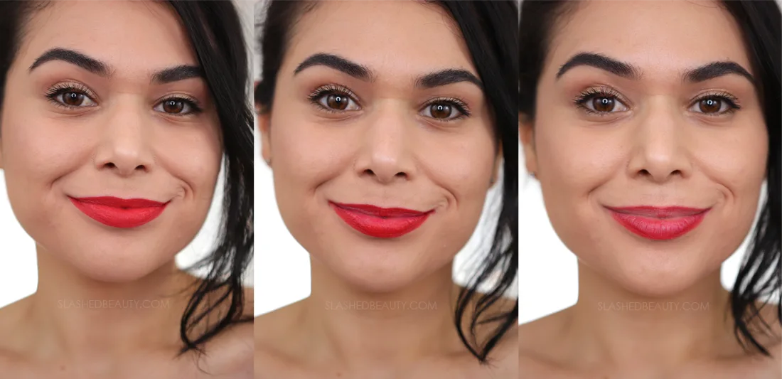 loreal-colour-riche-matte-wear-test | Slashed Beauty Side-by-side comparison wearing L'Oreal Colour Riche Matte Lipstick in 193 freshly applied, after one meal, and after two meals. | L'Oreal Colour Riche Matte Lipsticks Review & Swatches | Slashed Beauty