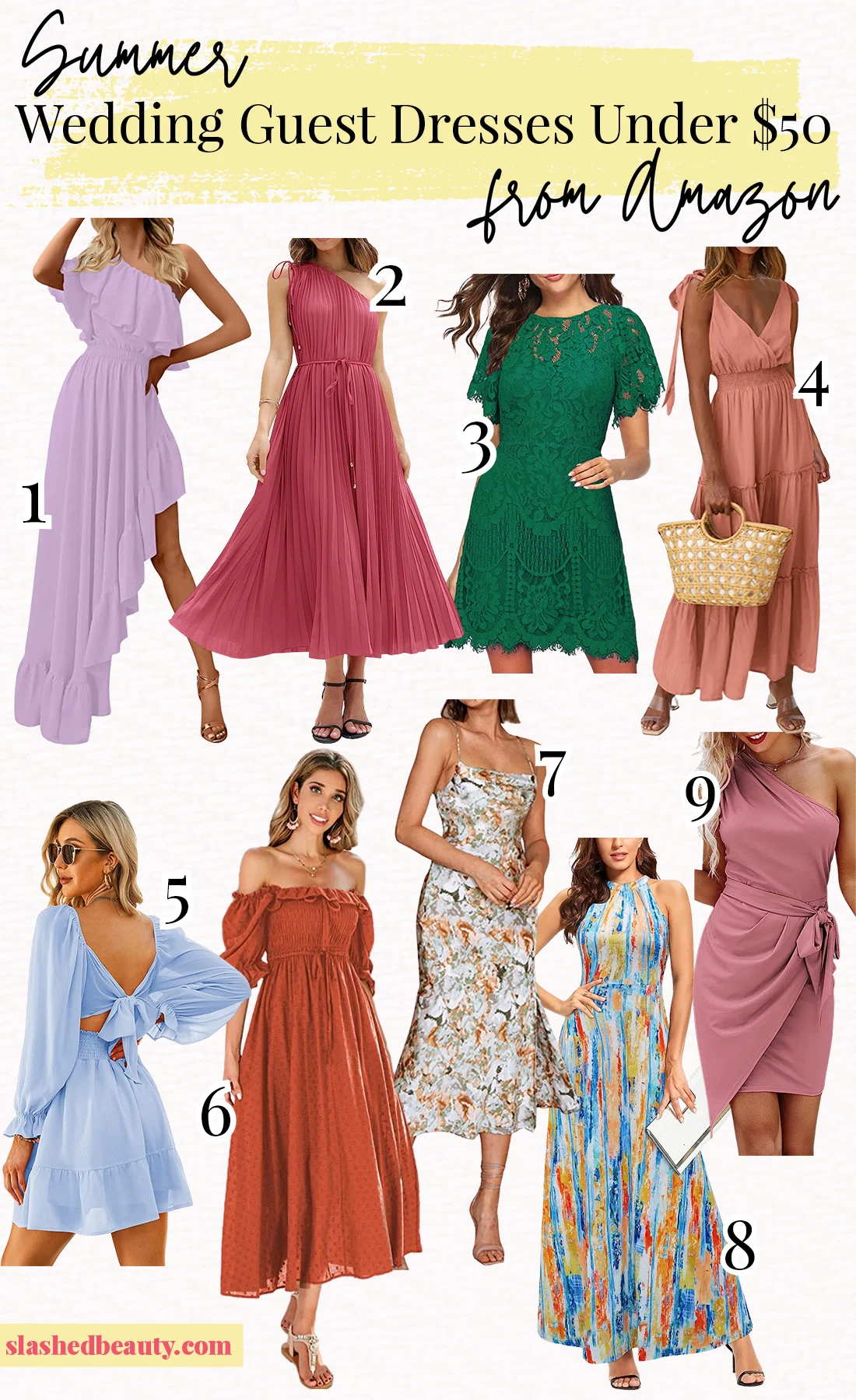 summer-wedding-guest-dresses-under-50-from-amazon | Slashed Beauty Collage of 9 Summer Wedding Guest Dresses Under from Amazon | Slashed Beauty