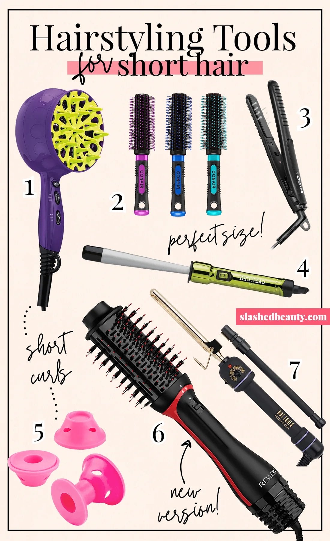 hair-tools-for-short-hair | Slashed Beauty Collage of hair tools with text title: Hairstyling Tools for Short Hair | 7 Helpful Hair Tools to Style Short Hair ( & Under!) | Slashed Beauty