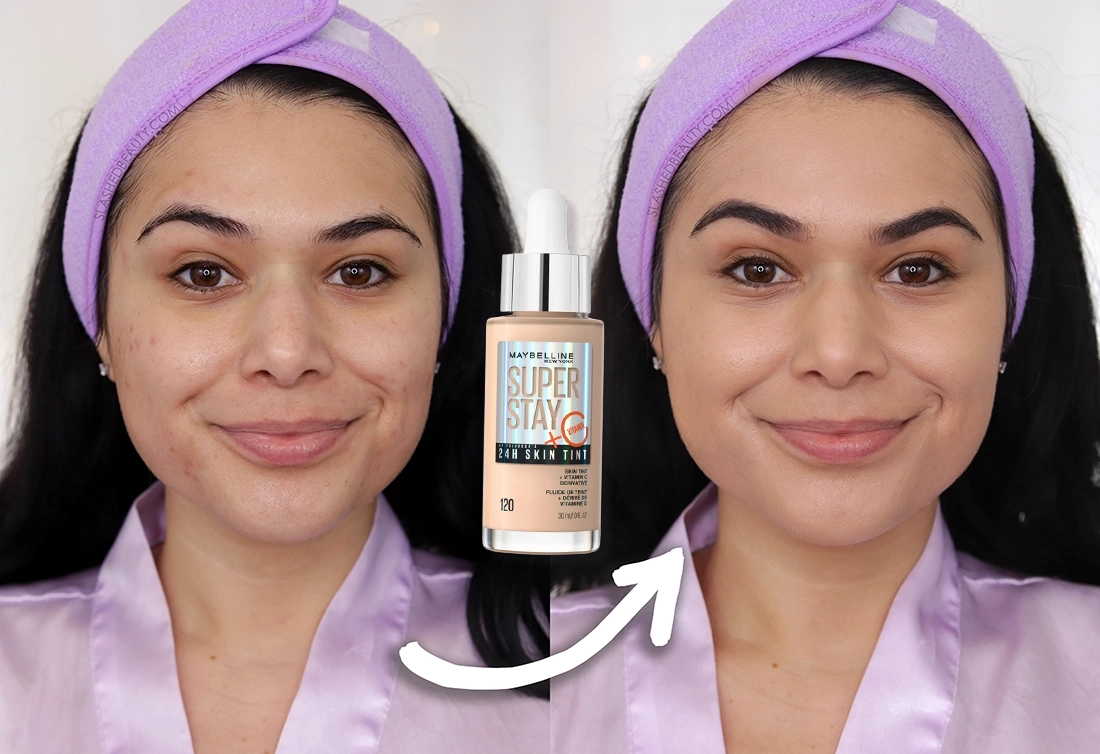 Maybelline-superstay-24-skin-tint-before-120 | Slashed Beauty Before and after applying Maybelline SuperStay 24H Skin Tint in 120 | Slashed Beauty