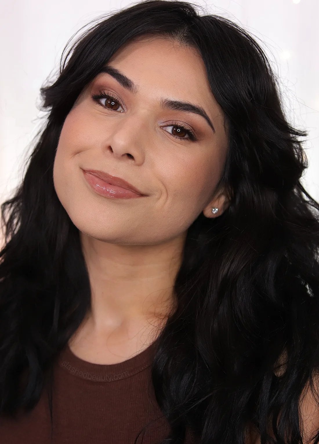 drugstore-latte-makeup-look | Slashed Beauty Miranda smiling to camera wearing a latte makeup look with drugstore makeup (brown toned makeup) | Slashed Beauty