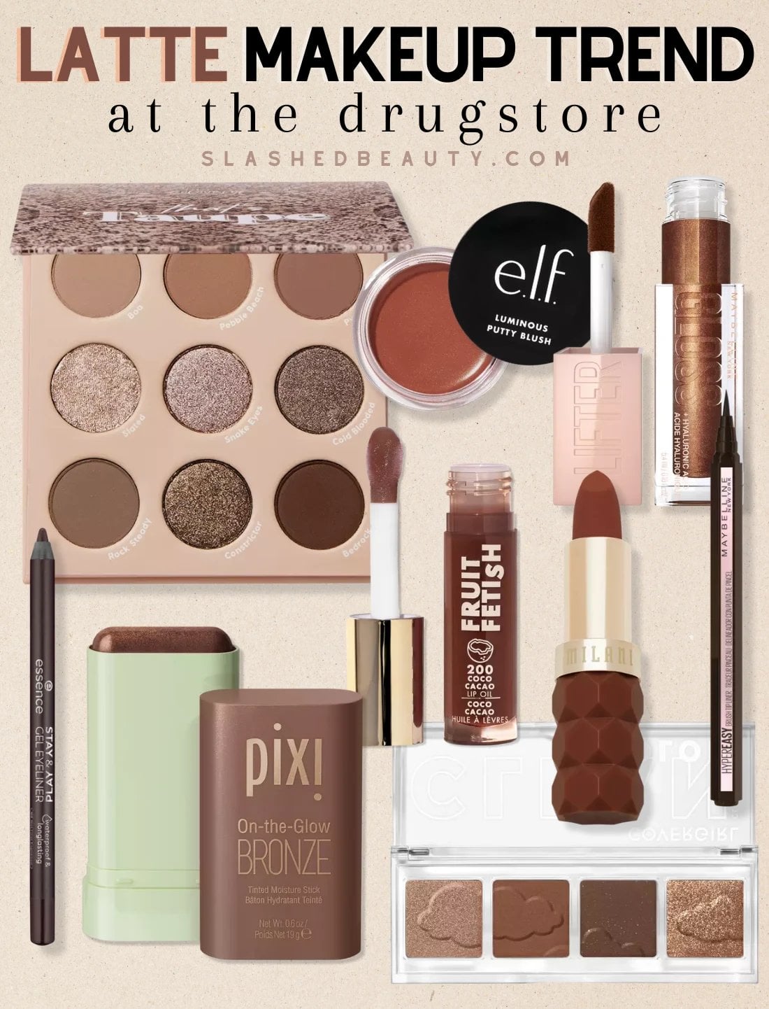 drugstore-latte-makeup | Slashed Beauty Collage with various brown toned makeup items, with title text: Latte Makeup Trend at the Drugstore | Slashed Beauty