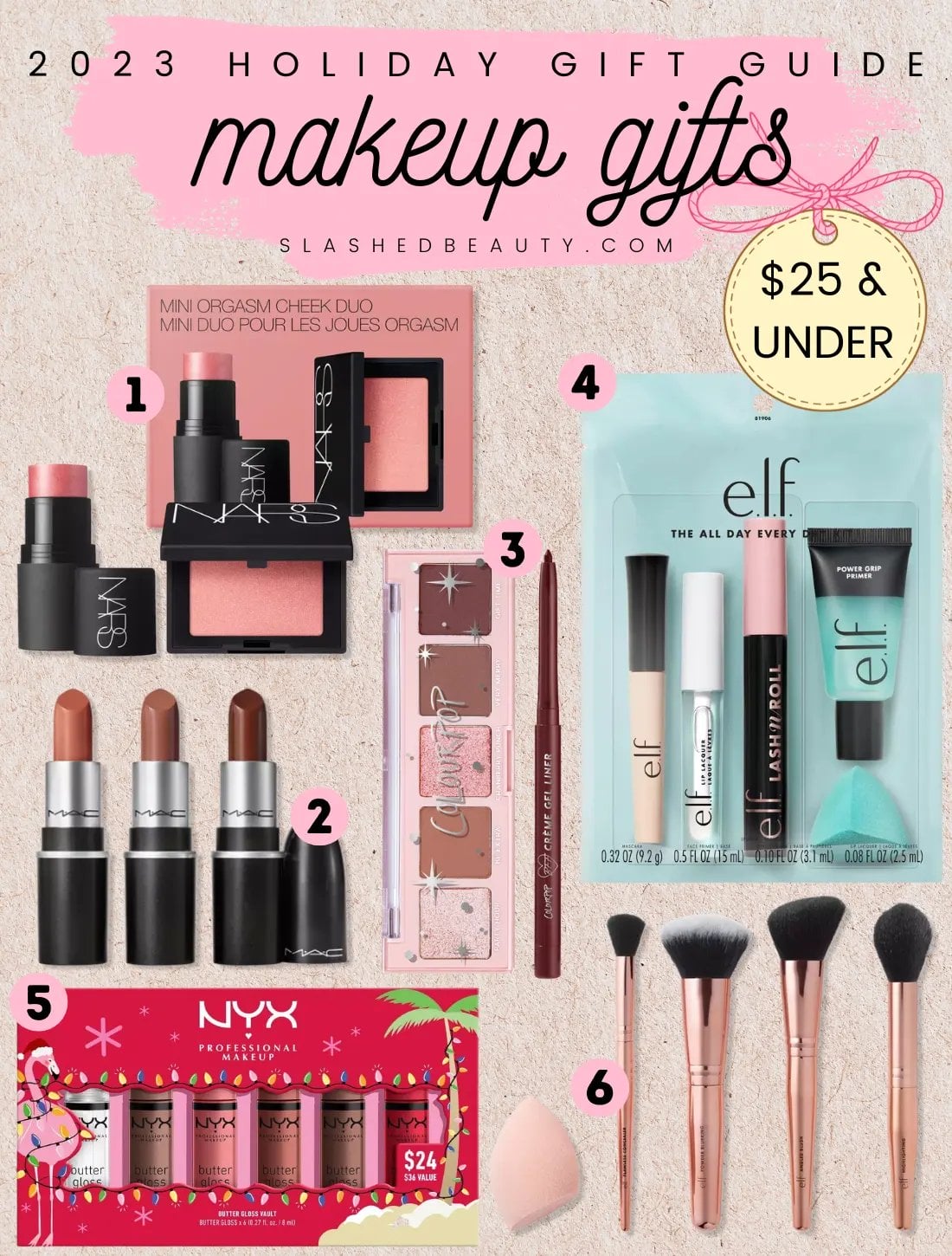 2023-holiday-makeup-gifts-25-under | Slashed Beauty Collage with header: 2023 Holiday Gift Guide - Makeup Gifts & Under | 2023 Holiday Makeup Gift Sets for Every Budget | Slashed Beauty
