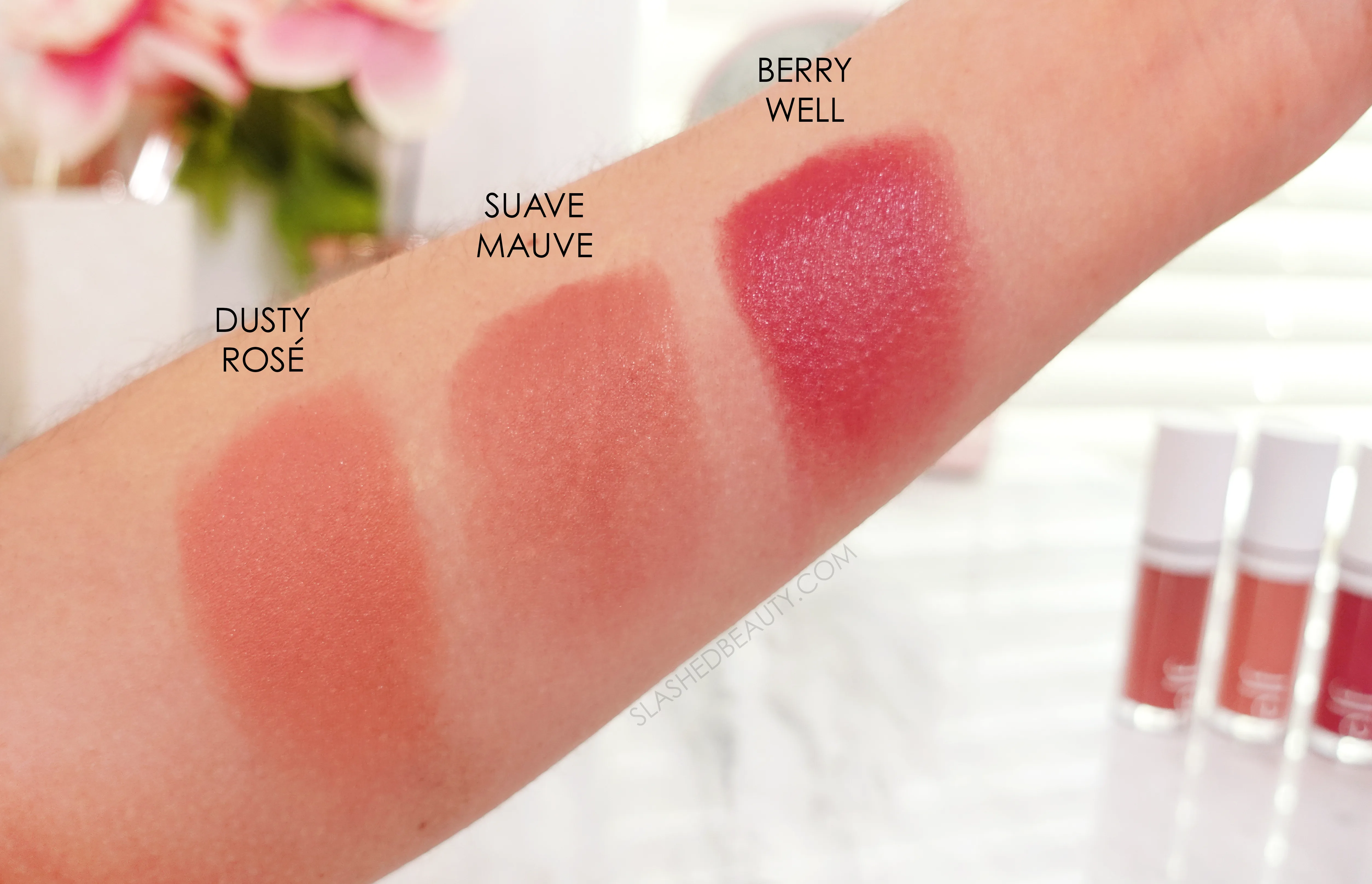 elf-camo-liquid-blush-swatches | Slashed Beauty Swatches of e.l.f. Camo Liquid Blush in Dusty Rose, Suave Mauve, and Berry Well | e.l.f. Camo Liquid Blush Review | Slashed Beauty
