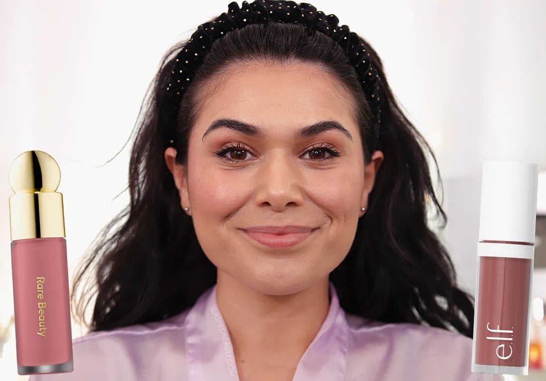 elf-vs-rare-beauty-blush-dupes | Slashed Beauty Miranda smiling to camera wearing e.l.f. Camo Liquid Blush in Suave Mauve on the right and Rare Beauty Soft Pinch Liquid Blush in Encourage on the left | e.l.f. Camo Liquid Blush Review - Rare Beauty Dupes? | Slashed Beauty