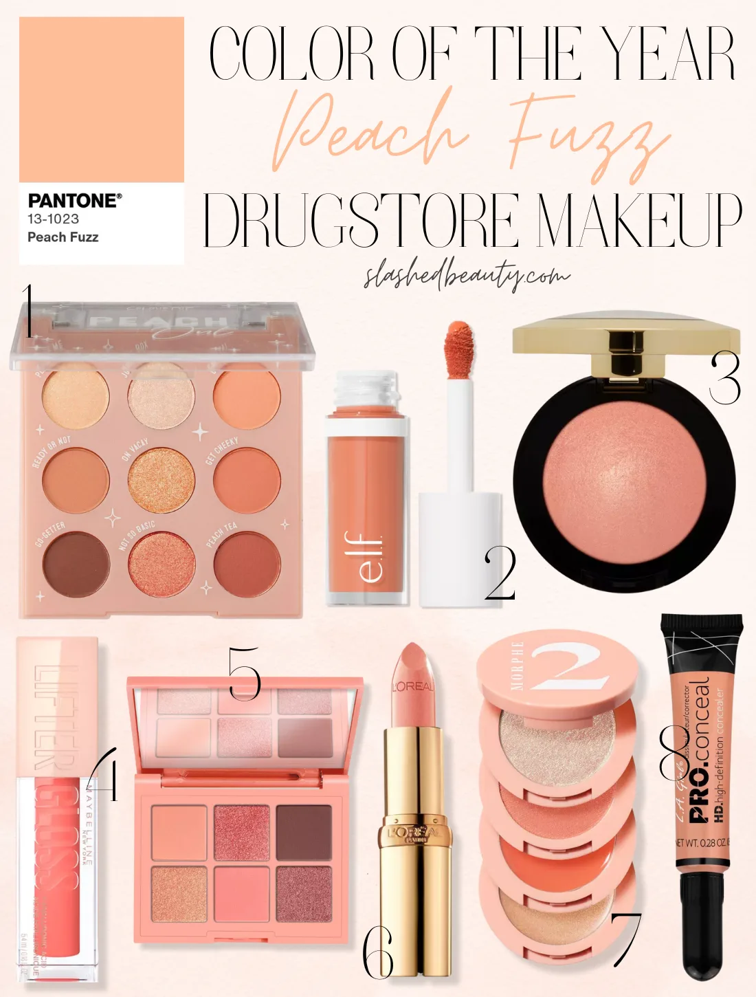 peach-fuzz-makeup-drugstore copy | Slashed Beauty Collage of peach drugstore makeup products with title "Color of the Year: Peach Fuzz Drugstore Makeup" | Slashed Beauty