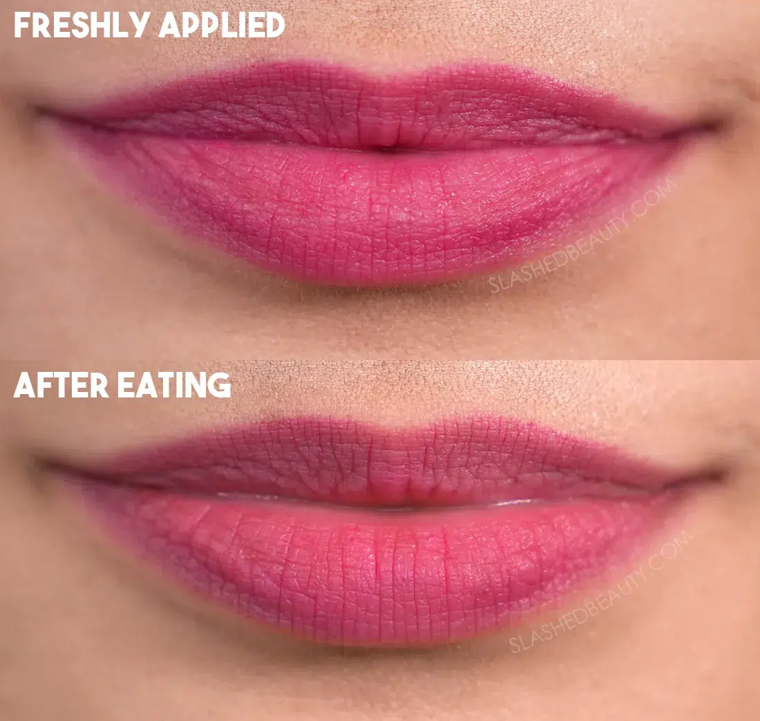wet-n-wild-soft-blur-lipstick-before-after | Slashed Beauty wet n wild Soft Blur Matte Lipstick in Homecoming Queen before and after eating | Slashed Beauty