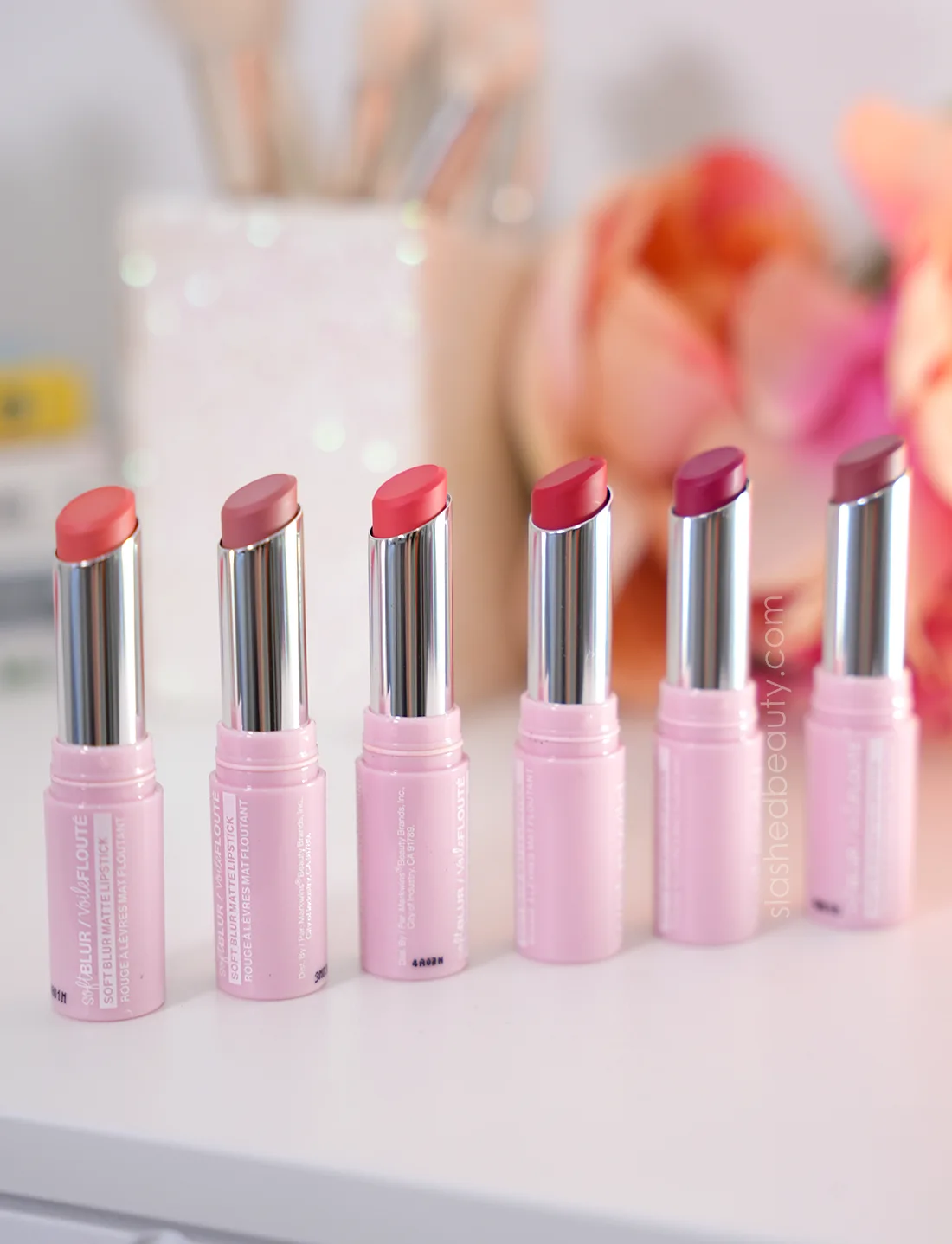 wet-n-wild-soft-blur-lipsticks | Slashed Beauty Tubes of wet n wild Soft Blur Matte Lipstick standing on a vanity | Review & Swatches | Slashed Beauty