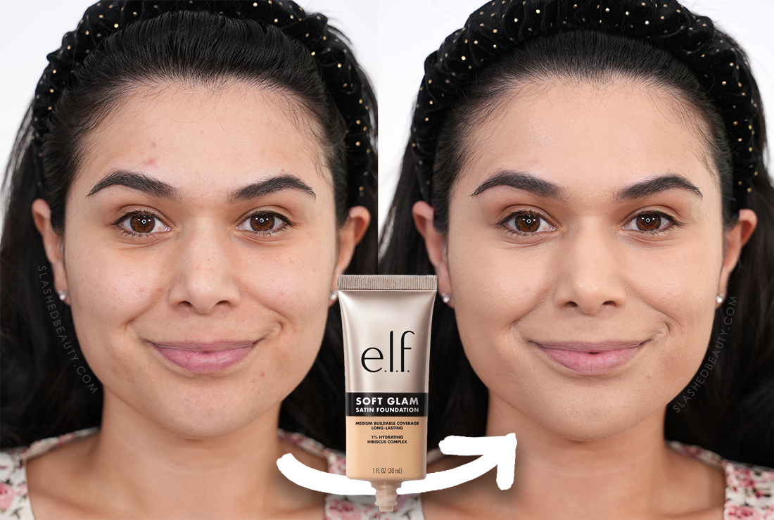 before-after-elf-soft-glam-foundation-21-22 | Slashed Beauty Close up of face before and after applying e.l.f. Soft Glam Satin Foundation | e.l.f. Soft Glam Satin Foundation Review | Slashed Beauty