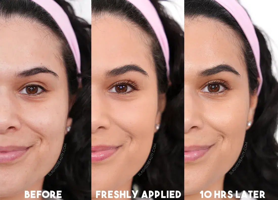 elf-camo-powder-foundation-before-after | Slashed Beauty Side by side comparison of bare face next to e.l.f. Camo Powder Foundation freshly applied, then 10 hours later. | Top 4 Drugstore Powder Foundations Tested Before & After | Slashed Beauty
