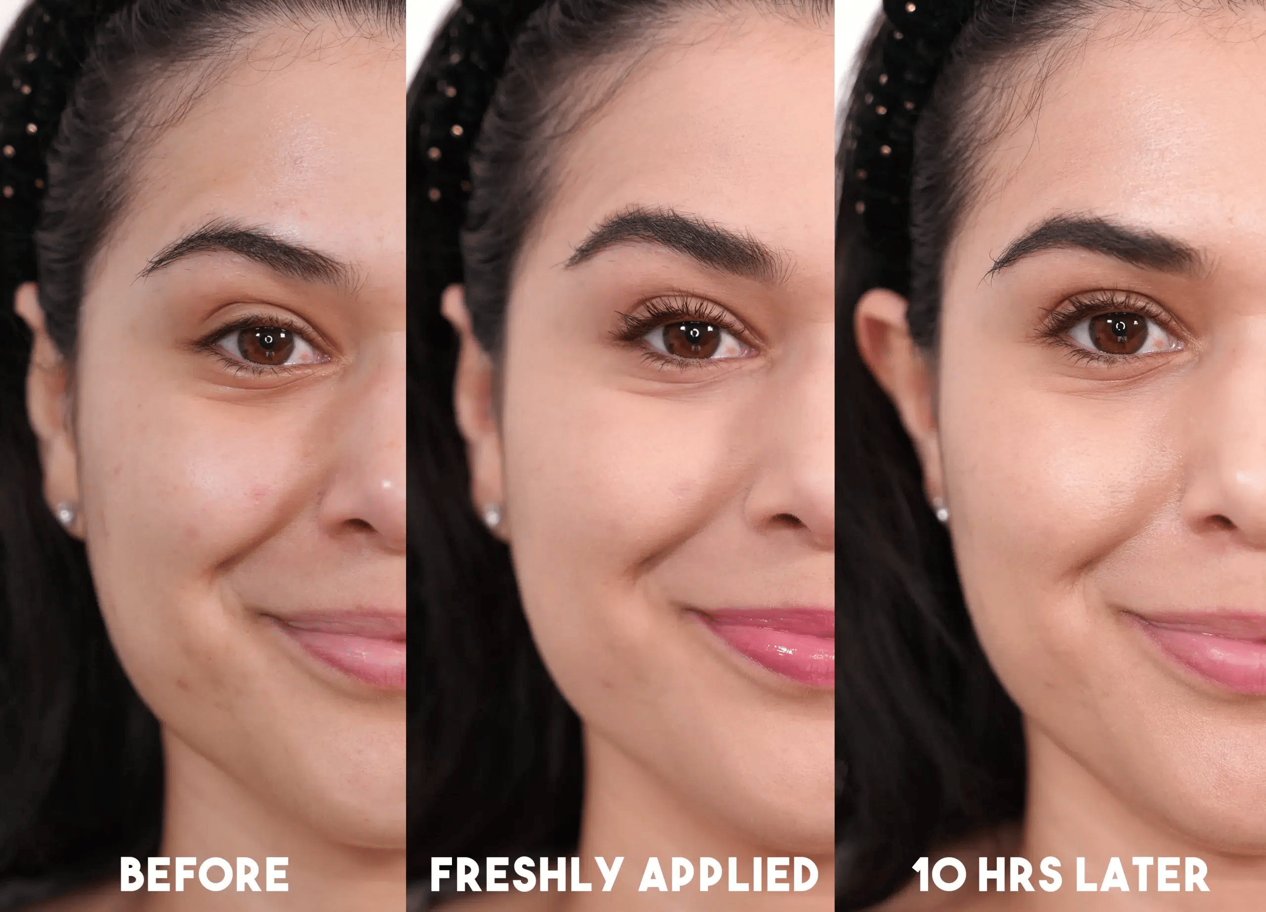 essence-cover-and-last-powder-foundation-before-after | Slashed Beauty Side by side comparison of bare face next to essence 16h Cover & Last Powder Foundation freshly applied, then 10 hours later. | Top 4 Drugstore Powder Foundations Tested Before & After | Slashed Beauty