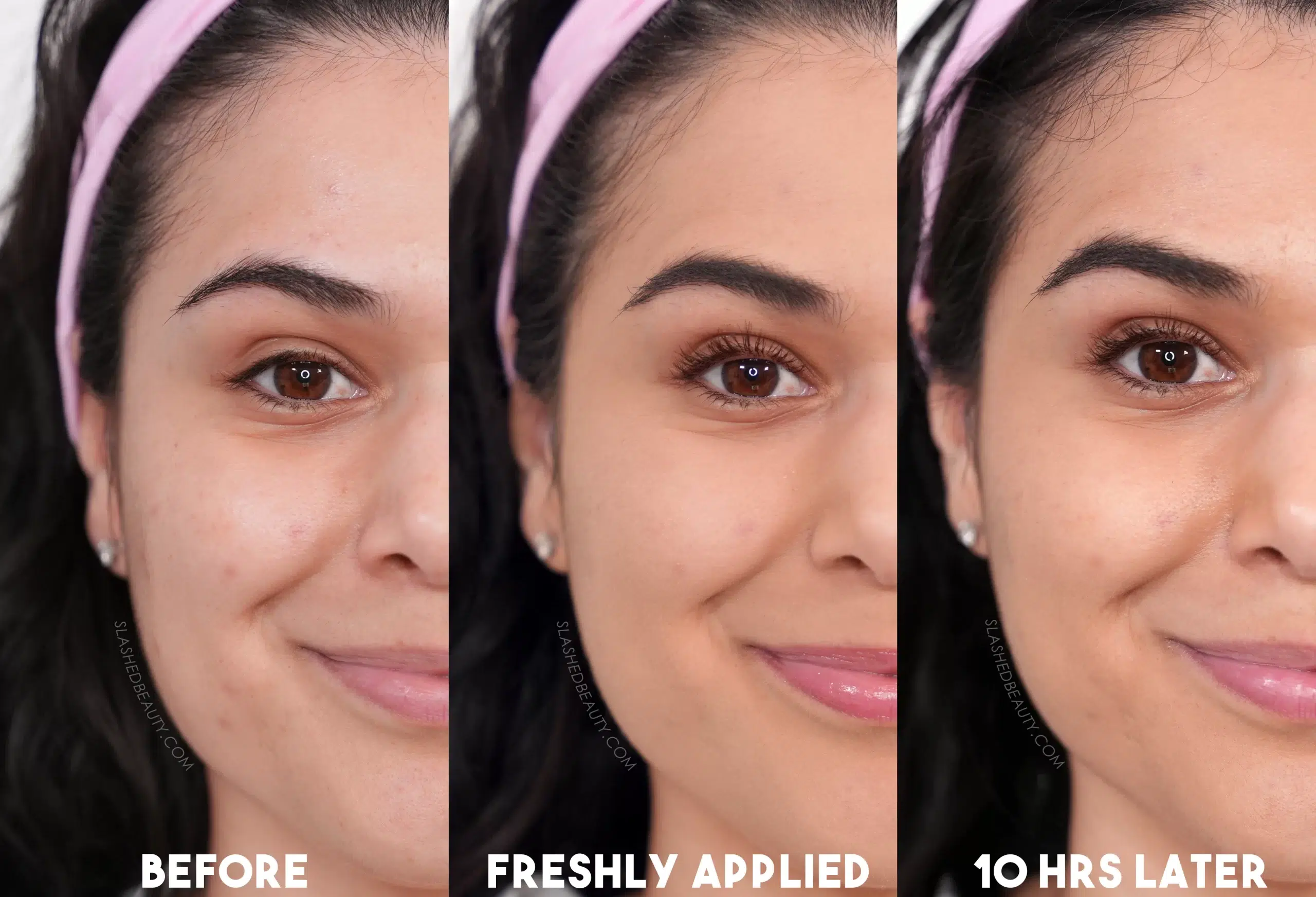 maybelline-superstay-hybrid-powder-foundation-before-after | Slashed Beauty Side by side comparison of bare face next to Maybelline Super Stay Powder Foundation freshly applied, then 10 hours later. | Top 4 Drugstore Powder Foundations Tested Before & After | Slashed Beauty