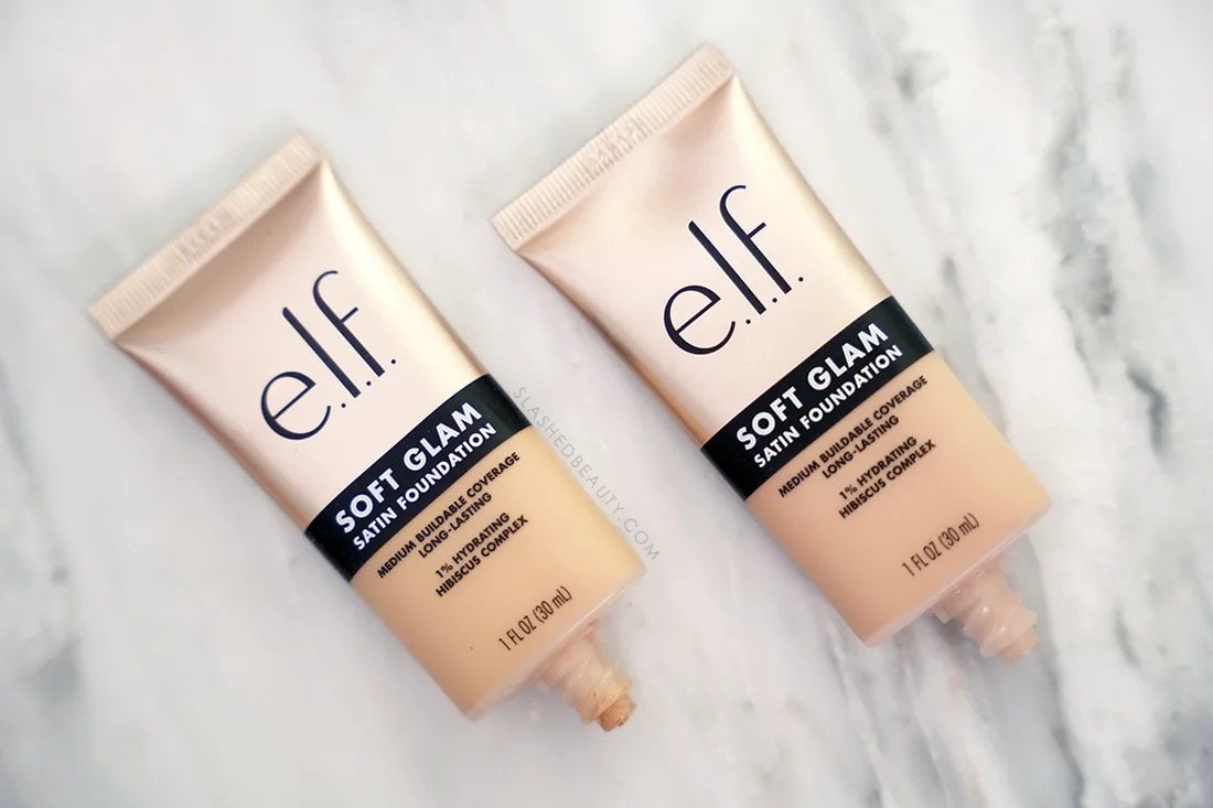 new-elf-soft-glam-satin-foundation-review | Slashed Beauty Two tubes of e.l.f. Soft Glam Satin Foundation lying flat on a marble surface | e.l.f. Soft Glam Satin Foundation Review | Slashed Beauty