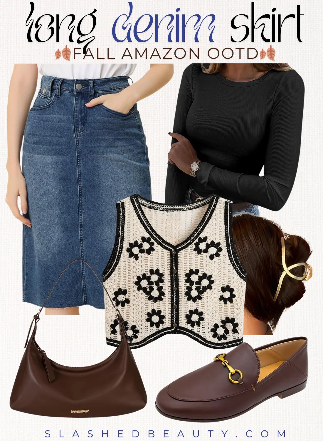 long-denim-skirt-outfit | Slashed Beauty Collage with title: Long Denim Skirt Fall Amazon OOTD. Pictured: denim skirt, black long sleeve shirt, embroidered sweater vest, gold hair clip, brown shoulder bag, brown loafer shoes. | Slashed Beauty