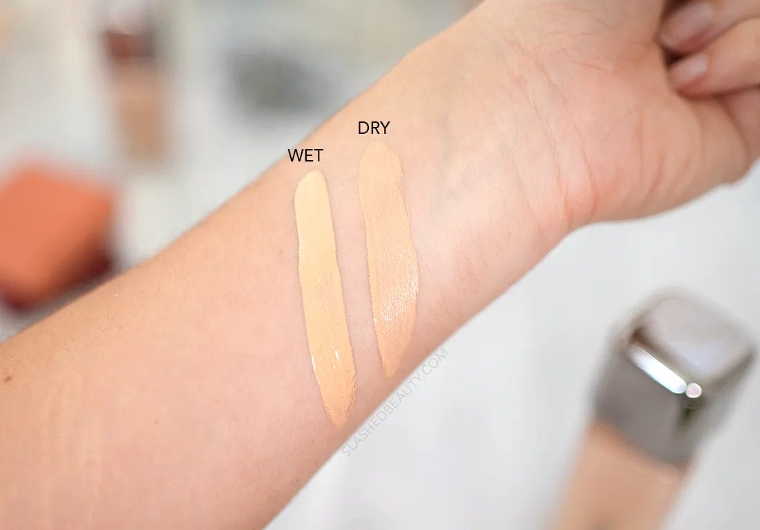about-face-foundation-oxidation | Slashed Beauty Two swatches of about-face The Performer Skin Focused Foundation in LM1 Warm showing the color difference between wet and dried down. | about-face Foundation Review | Slashed Beauty