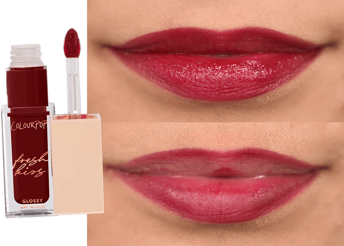 colourpop-tutti-fruity-stain | Slashed Beauty Close up lip photo of before and after wearing ColourPop Fresh Kiss Glossy Lip Stain in Tutti Frutti for 9 Hours | Slashed Beauty