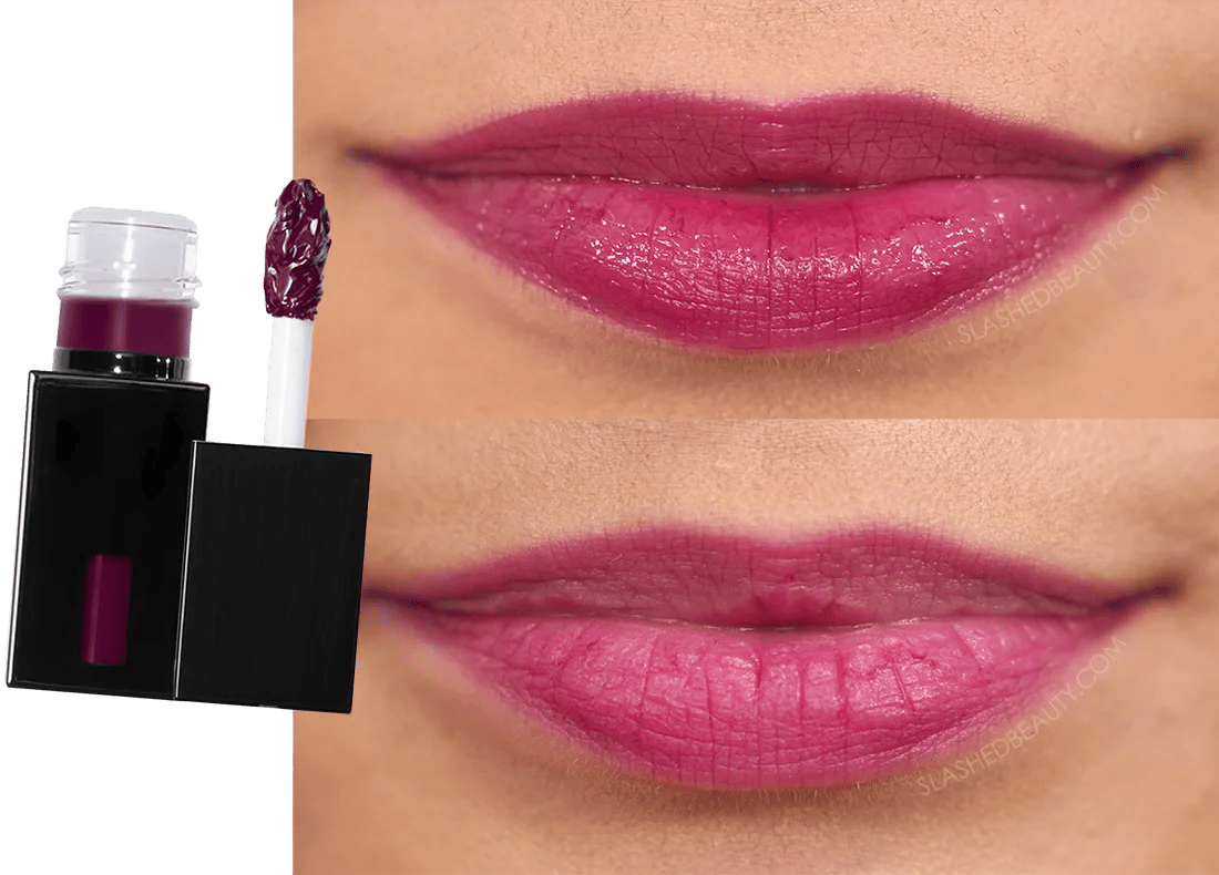 elf-berry-queen-stain | Slashed Beauty Close up lip photo of before and after wearing e.l.f. Glossy Lip Stain in Berry Queen for 9 Hours | Slashed Beauty