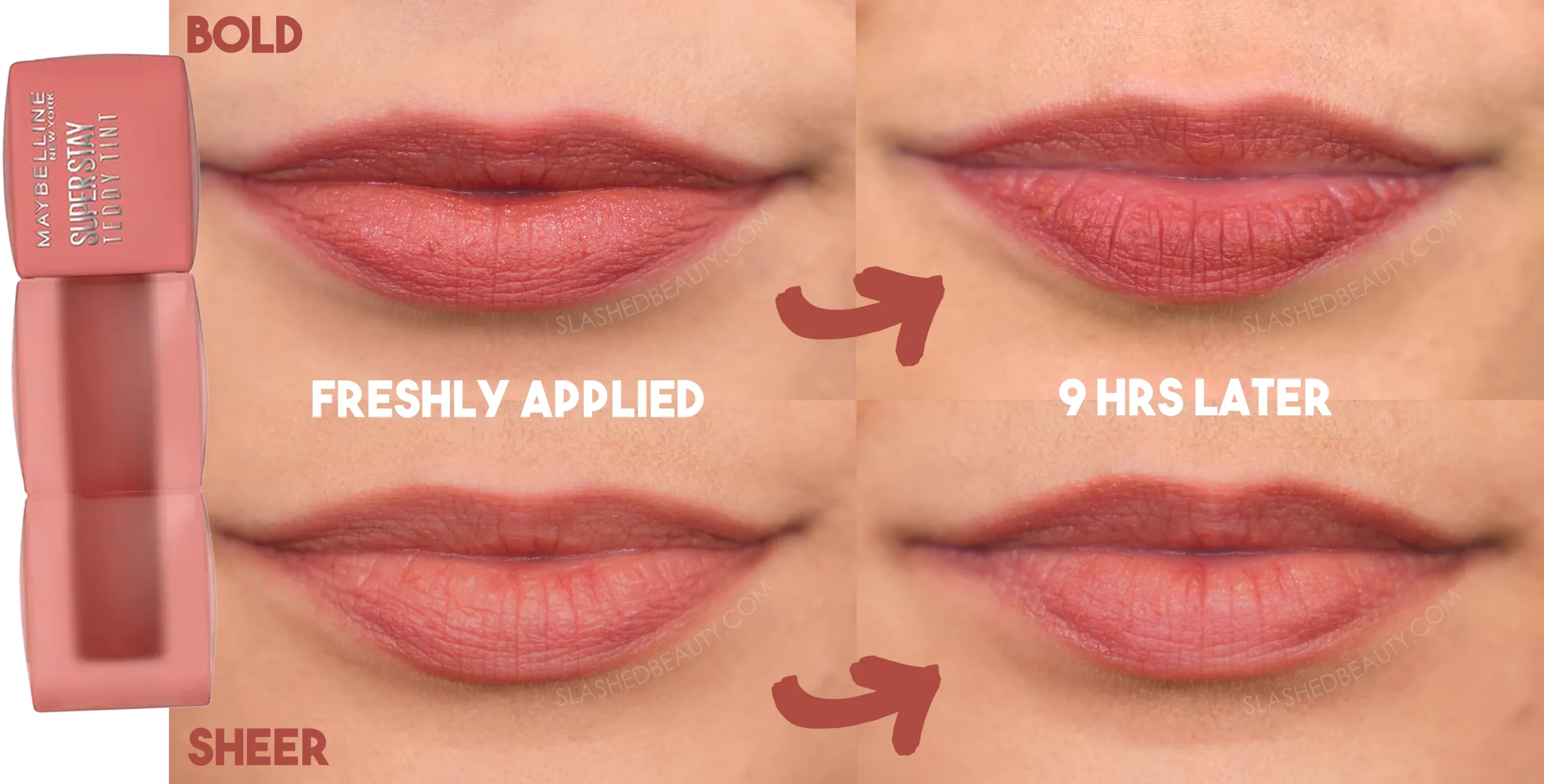 maybelline-teddy-tint-skinnydip-before-after | Slashed Beauty Side by side swatches of Maybelline Super Stay Teddy Tint freshly applied, then 9 hours later with visible color left all over the lips. The top row demonstrates a bold application, and the bottom row shows sher application. | Slashed Beauty