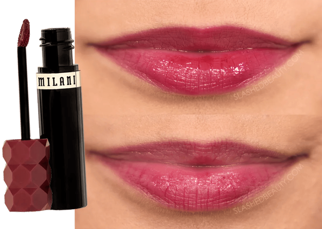 milani-bitten-berry-stain | Slashed Beauty Close up lip photo of before and after wearing Milani Color Fetish Lip Stain in Bitten Berry for 9 Hours | Slashed Beauty