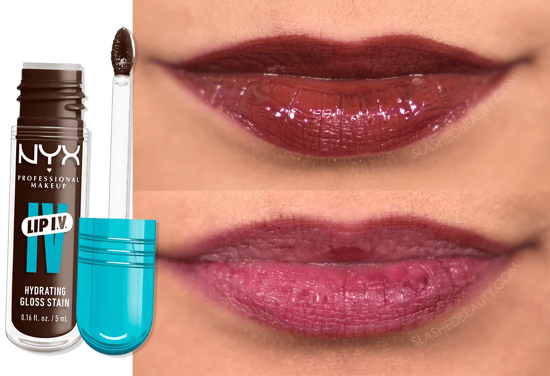 nyx-espresso-soak-stain | Slashed Beauty Close up lip photo of before and after wearing NYX Lip IV Hydrating Gloss Stain for 10 hours | Slashed Beauty