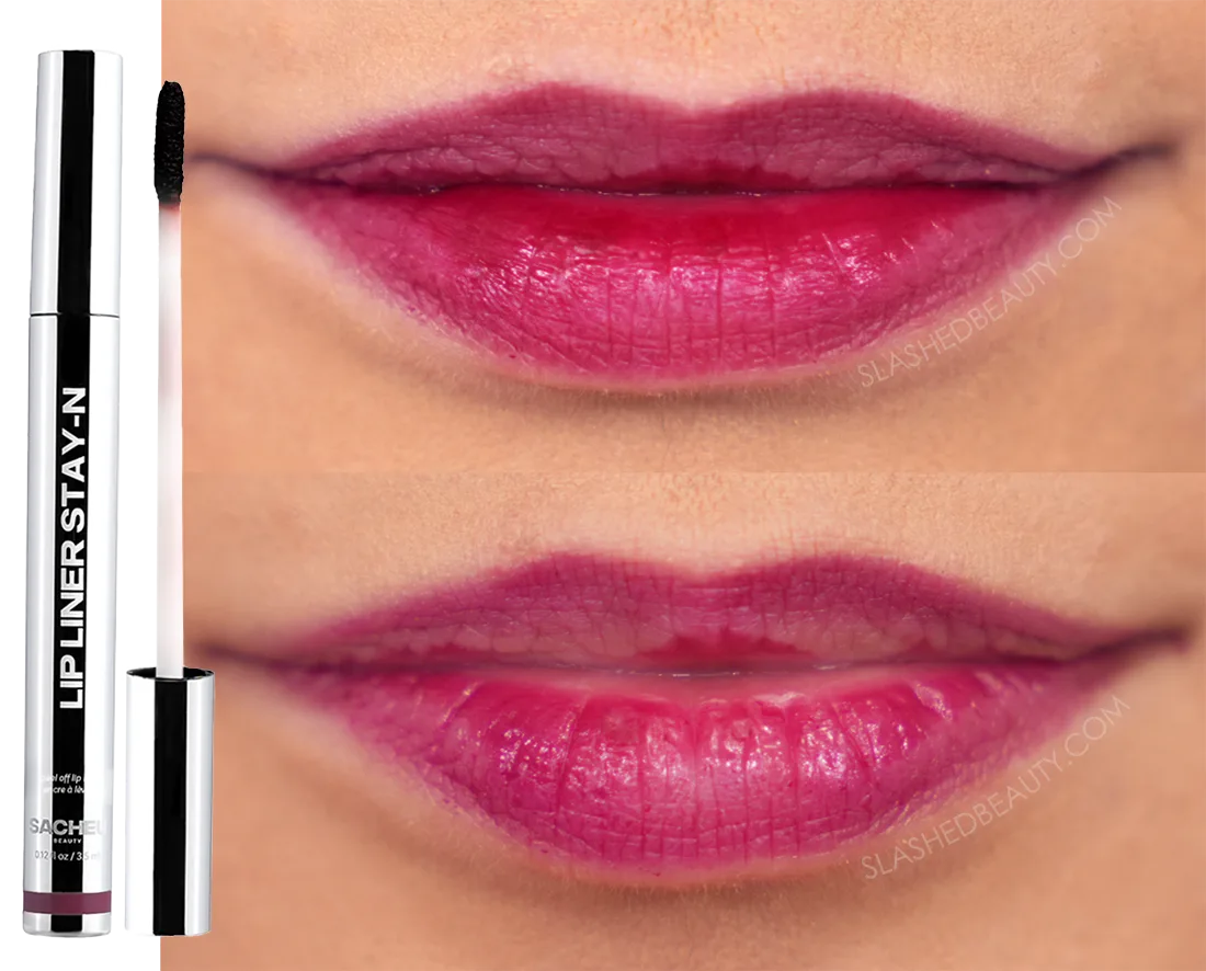 sacheu-plumped | Slashed Beauty Close up lip photo of before and after wearing Sacheu Peel Off Lip Liner Stain in Plumped for 11 hours | Slashed Beauty