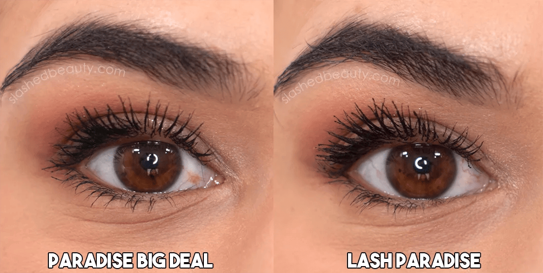 loreal-paradise-big-deal-vs-lash-paradise-lashes | Slashed Beauty Close up of eyes wearing L'Oreal Paradise Big Deal Mascara next to L'Oreal Lash Paradise Mascara | Slashed Beauty