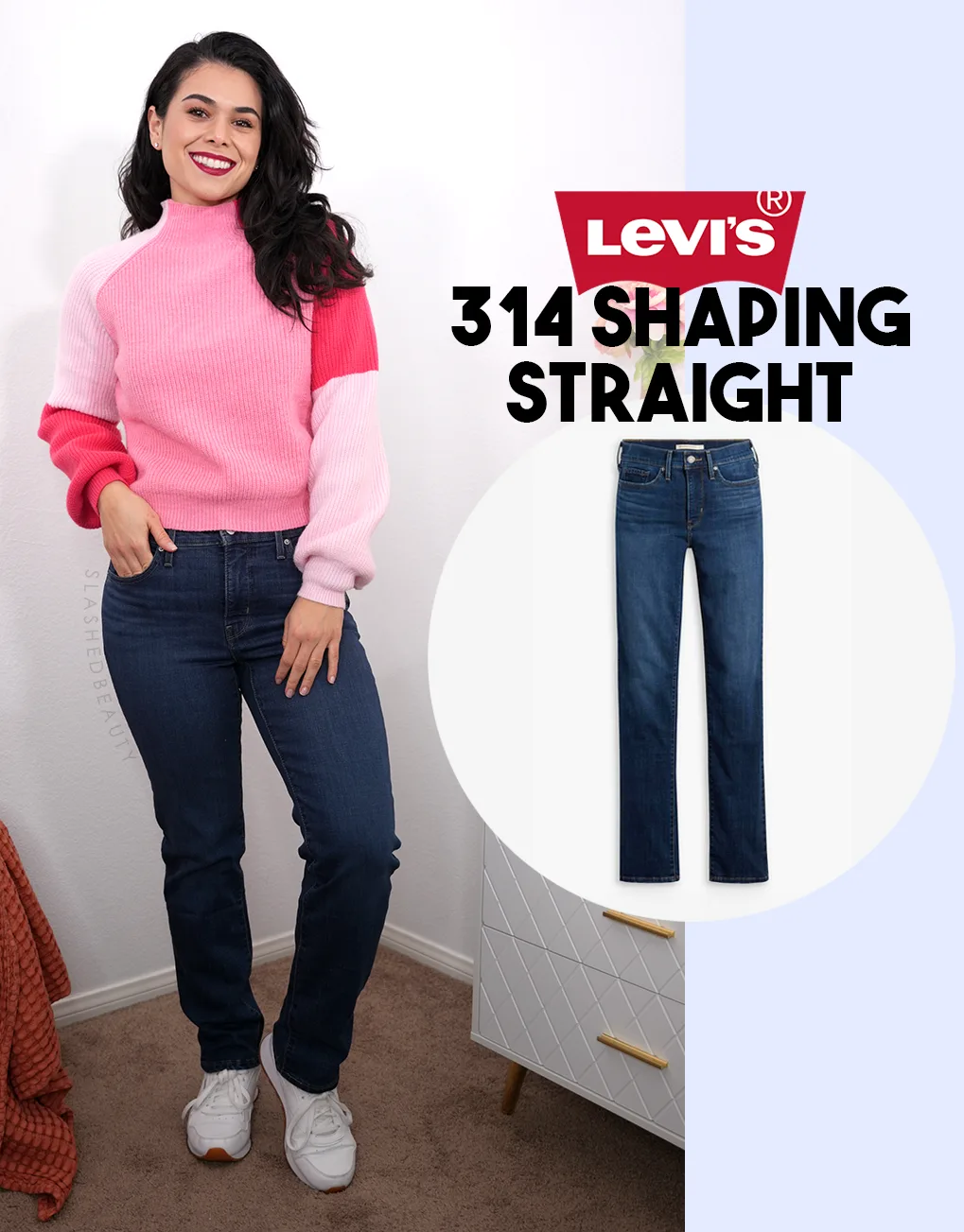 levis-314-shaping-straightreview | Slashed Beauty Full body photo of Miranda smiling to camera in a pink sweater and dark wash Levi's 314 Shaping Straight jeans. | How Much do Levi's 314 Shaping Straight Jeans Shrink? | Slashed Beauty
