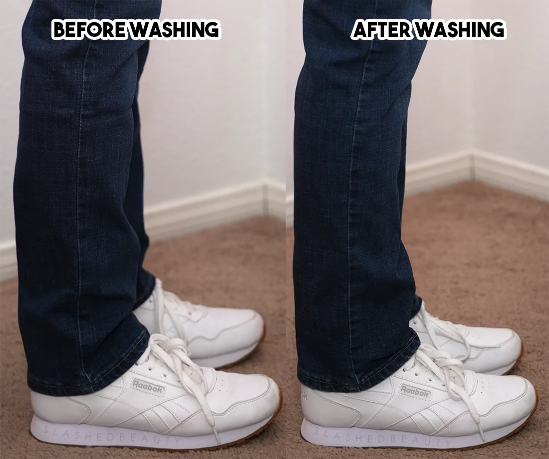 levis-314-shrinkage-length | Slashed Beauty Side-by-side comparison showing the length of Levi's 314 Shaping Straight Jeans before and after washing & drying. Shows about a quarter inch of length lost in shrinkage. | How Much do Levi's 314 Shaping Straight Jeans Shrink? | Slashed Beauty