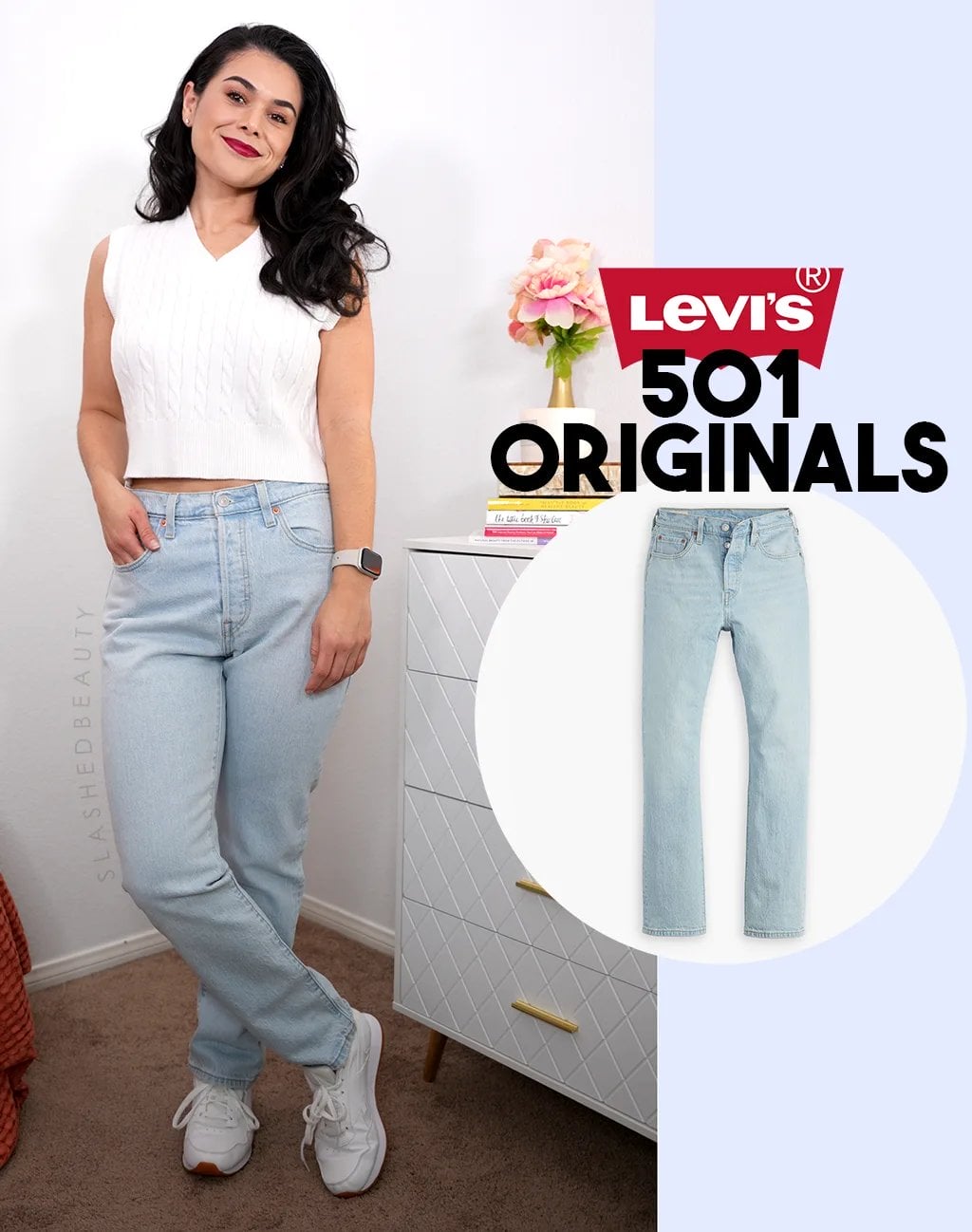 levis-501-original-size-6-review | Slashed Beauty Full body photo of Miranda smiling to camera in a white sweater vest and light wash Levi's 501 Original jeans. | How Much do Levi's 501 Original Jeans Shrink? | Slashed Beauty