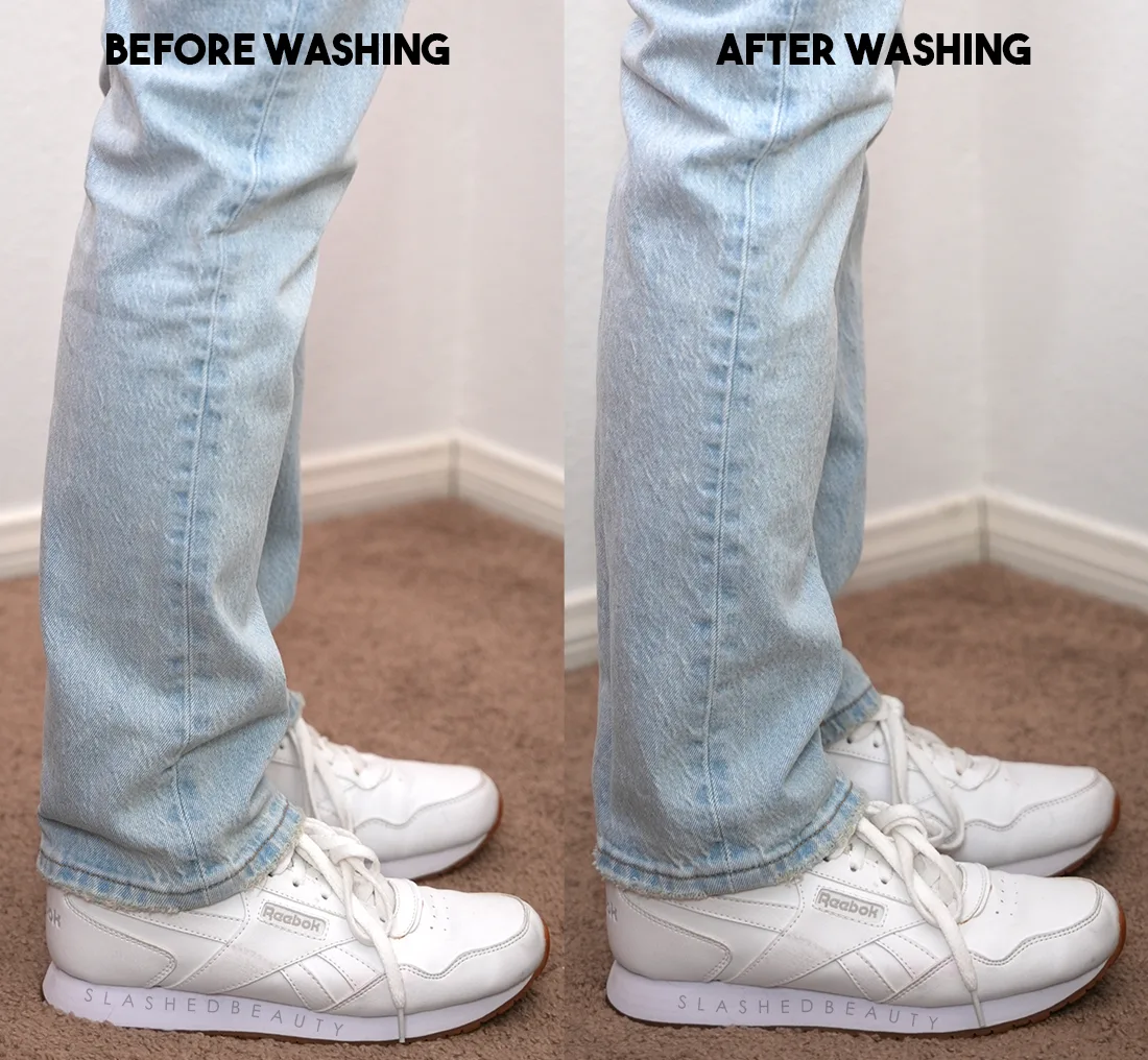 levis-501-shrinkage-length | Slashed Beauty Side-by-side comparison showing the length of Levi's 501 Original Jeans before and after washing & drying. Shows visibly less bunching through the leg and ankle. | How Much do Levi's 501 Original Jeans Shrink? | Slashed Beauty