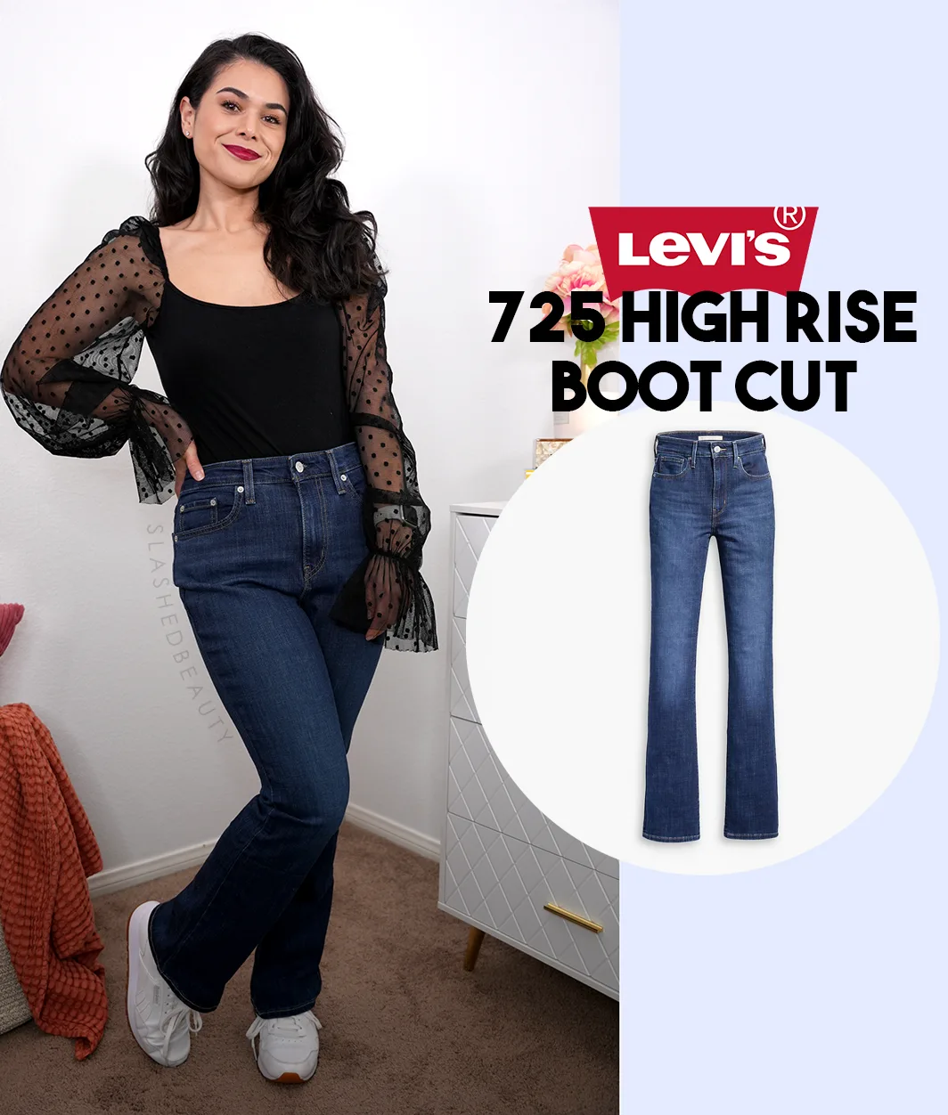 levis-725-high-rise-boot-cut-review | Slashed Beauty Full body photo of Miranda smiling to camera in a black blouse with long mesh sleeves and dark wash Levi's 725 High Rise Boot Cut Jeans. | How Much do Levi's 725 High Rise Boot Cut Jeans Shrink? | Slashed Beauty