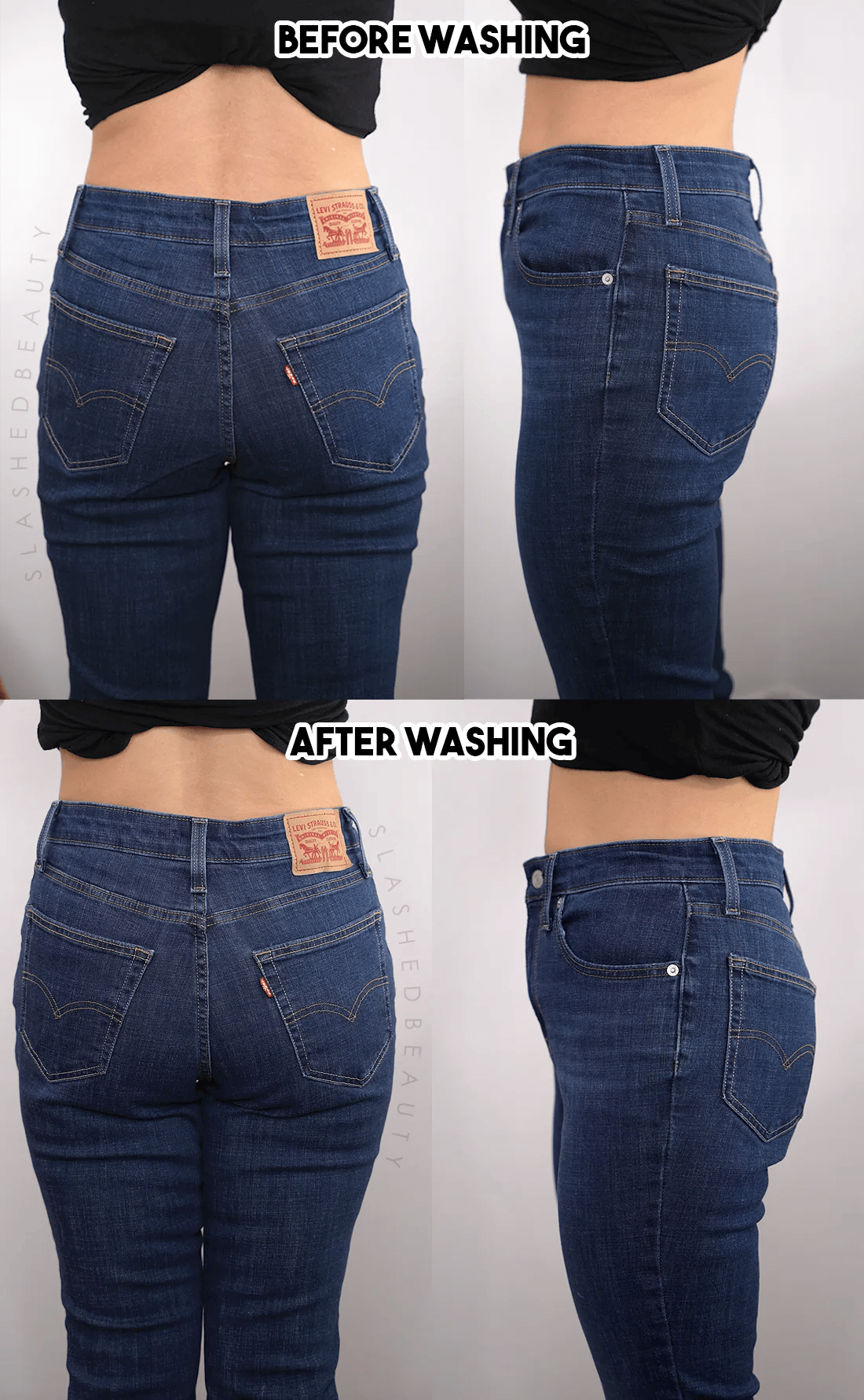levis-725-shrink-drying | Slashed Beauty Side-by-side comparison showing the fit of Levi's 725 High Rise Boot Cut Jeans before and after washing & drying. Shows no change in waist or hip fit. | How Much do Levi's 725 High Rise Boot Cut Jeans Shrink? | Slashed Beauty