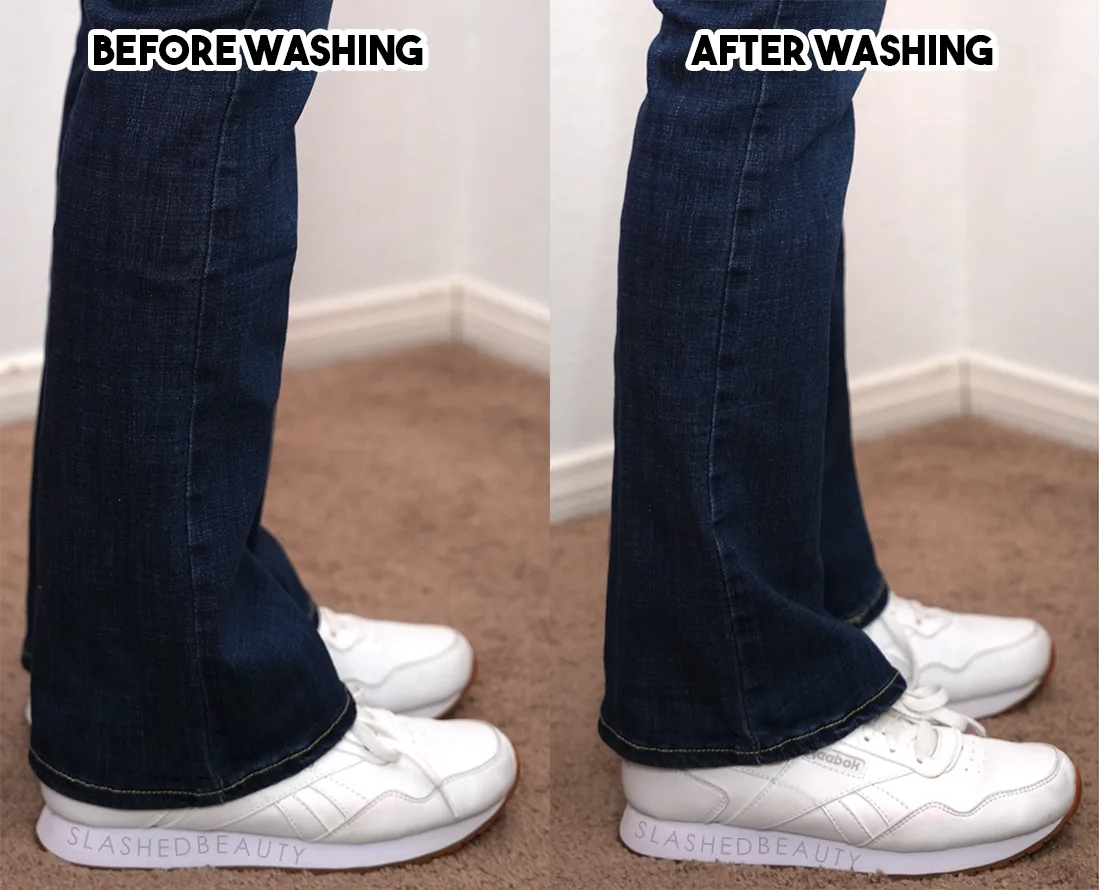 levis-725-shrinkage-length | Slashed Beauty Side-by-side comparison showing the length of Levi's 725 High Rise Boot Cut Jeans Jeans before and after washing & drying. Shows about 1" of length lost in shrinking. | How Much do Levi's 314 Shaping Straight Jeans Shrink? | Slashed Beauty