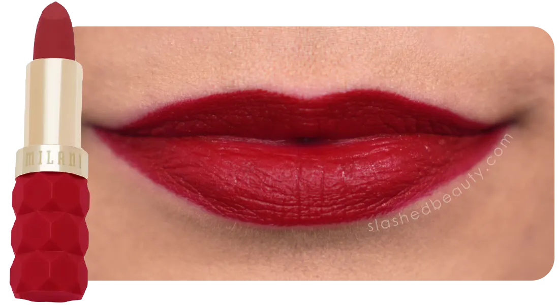 milani-poppy-swatch | Slashed Beauty Milani Color Fetish Matte Lipstick in Poppy Lip Swatch Close Up | Slashed Beauty