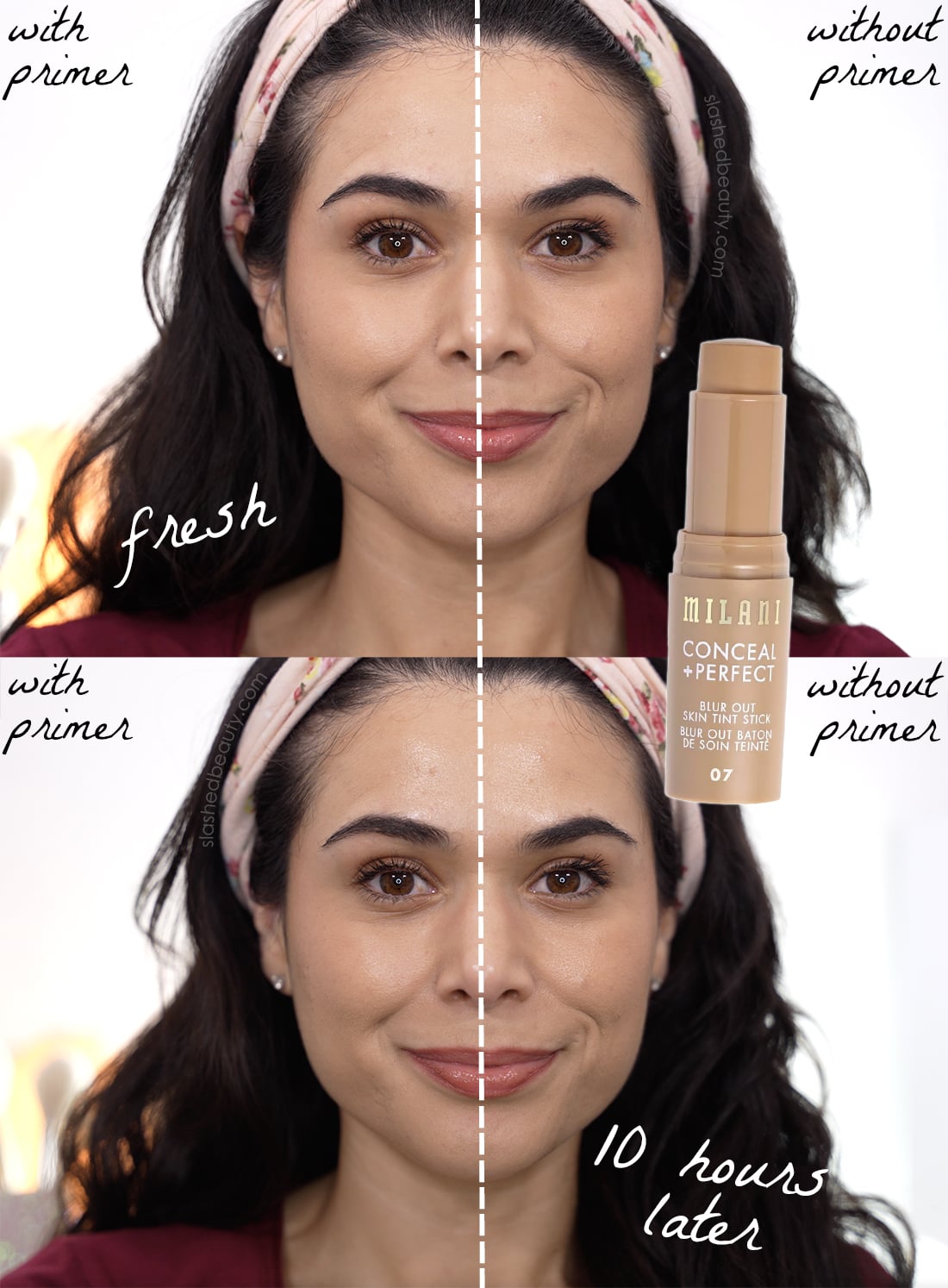 milani-tint-stick-before-after-wear-test | Slashed Beauty Side by side comparison of wearing the Milani Blur Out Skin Tint Stick for 10 hours, with and without primer. | Slashed Beauty